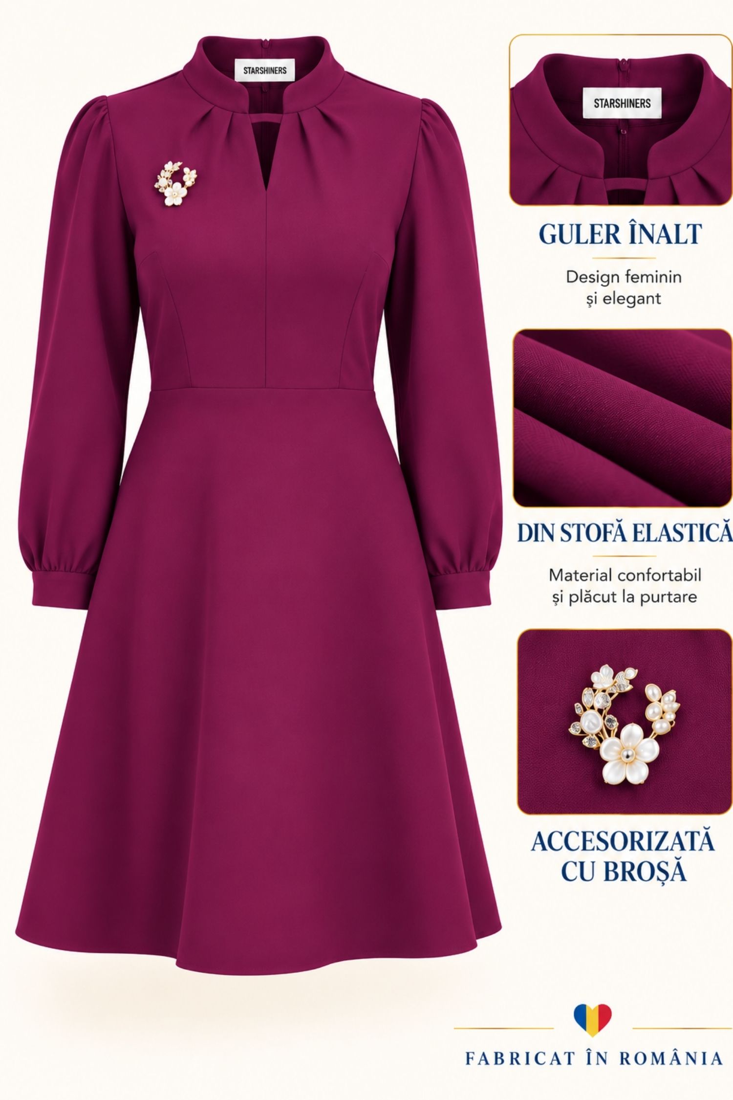 Rochie zmeură, în clos, din stofă elastică, până la genunchi 6 - StarShinerS.ro