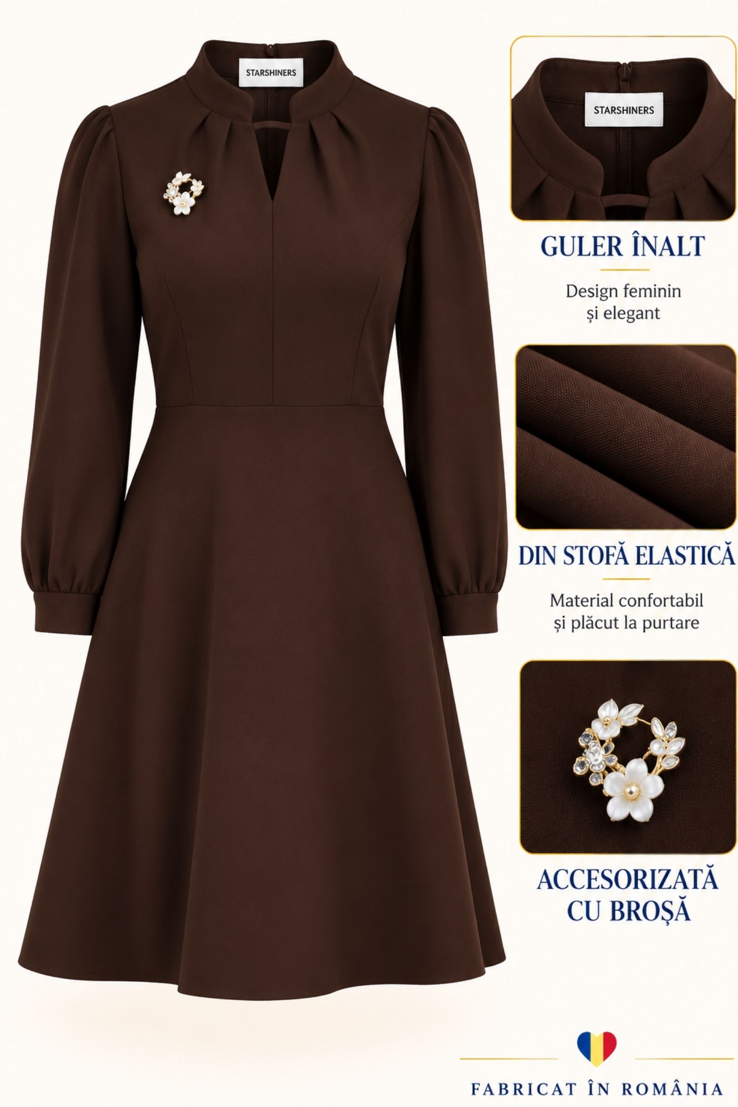Rochie maro, în clos, din stofă elastică, până la genunchi 6 - StarShinerS.ro