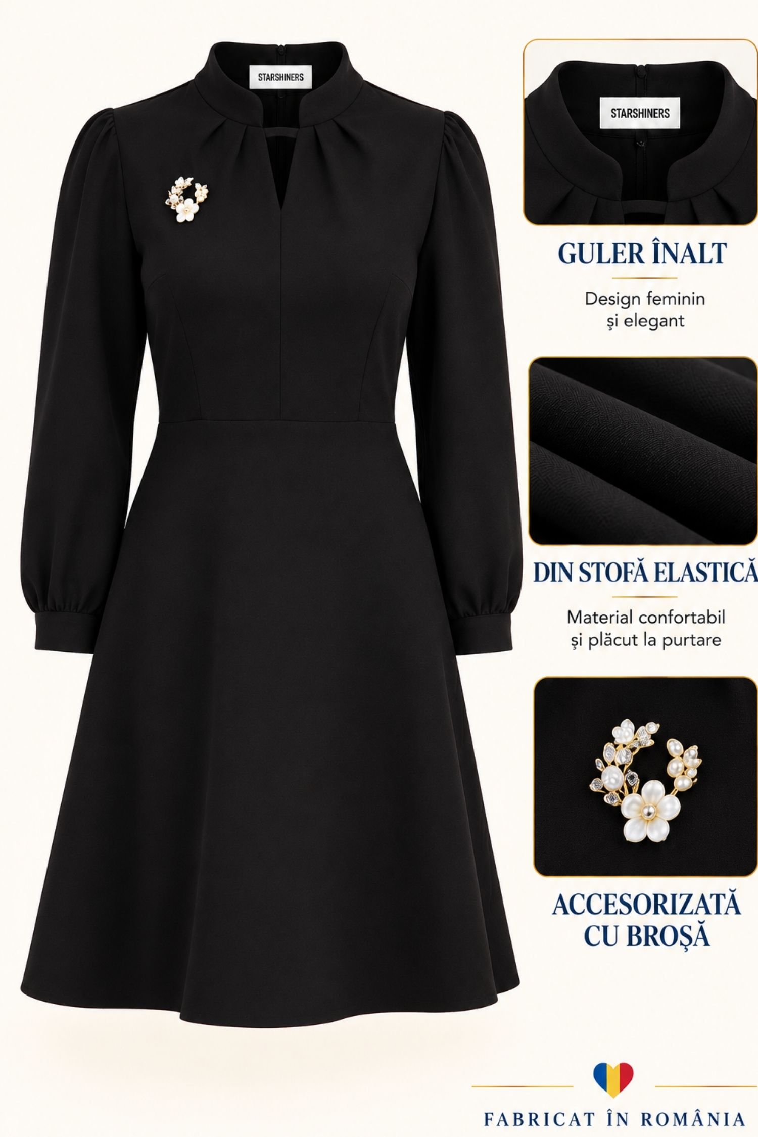 Rochie neagră, în clos, din stofă elastică, până la genunchi 6 - StarShinerS.ro