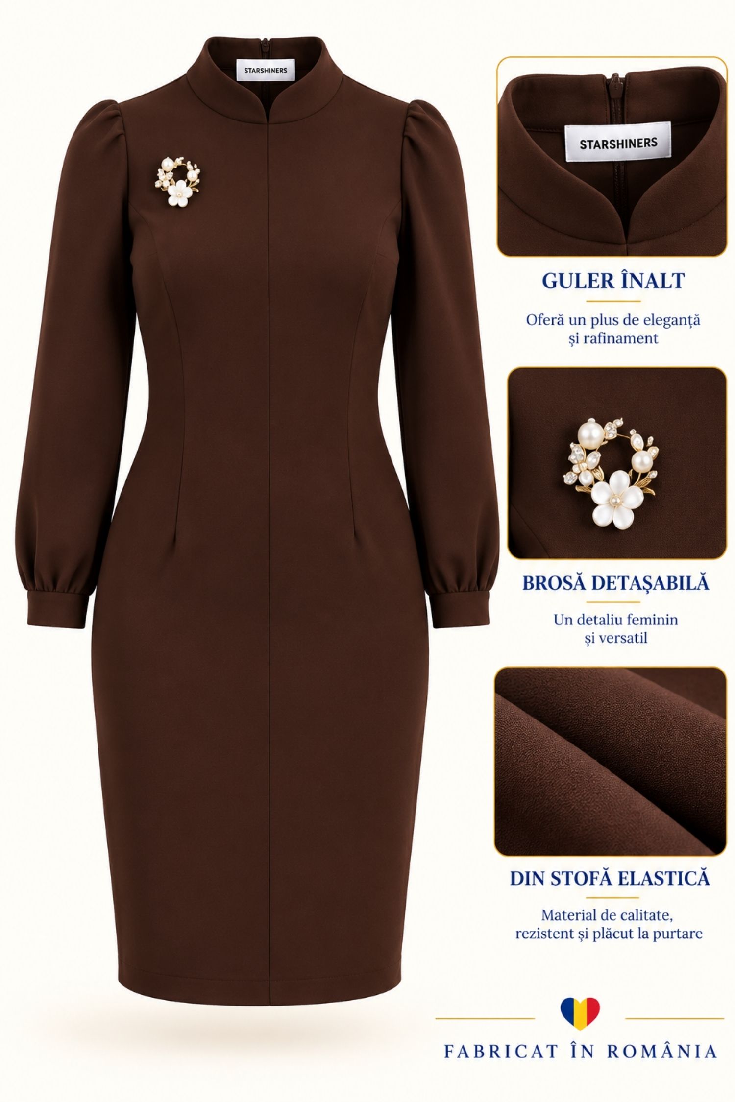Rochie maro dreaptă din stofă elastică, până la genunchi 6 - StarShinerS.ro
