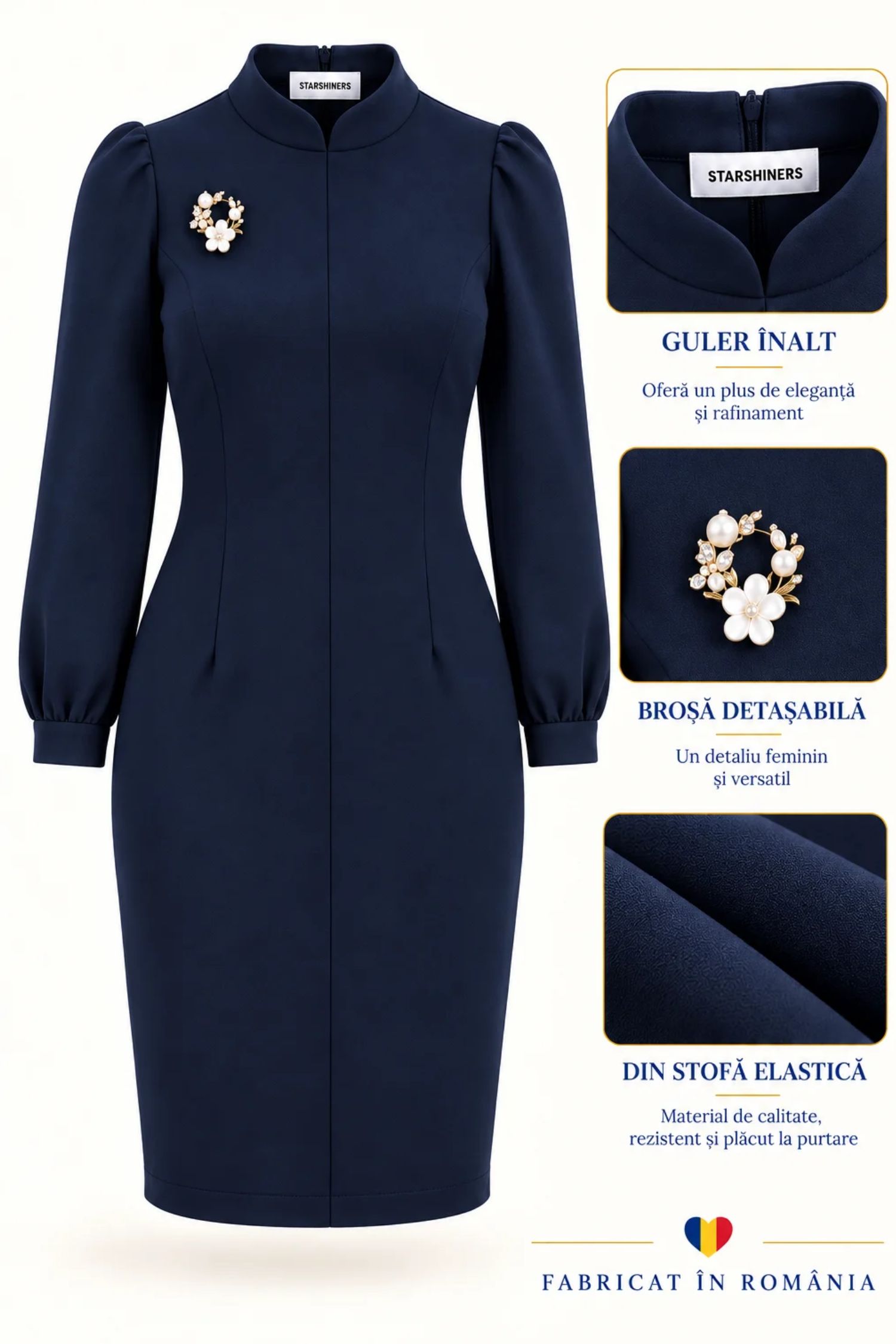 Rochie bleumarin dreaptă din stofă elastică, cu broșă 6 - StarShinerS.ro