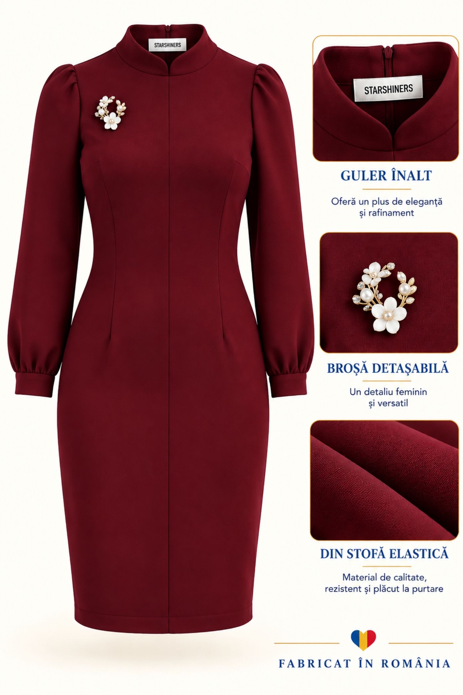 Rochie vișinie dreaptă din stofă elastică, până la genunchi 6 - StarShinerS.ro