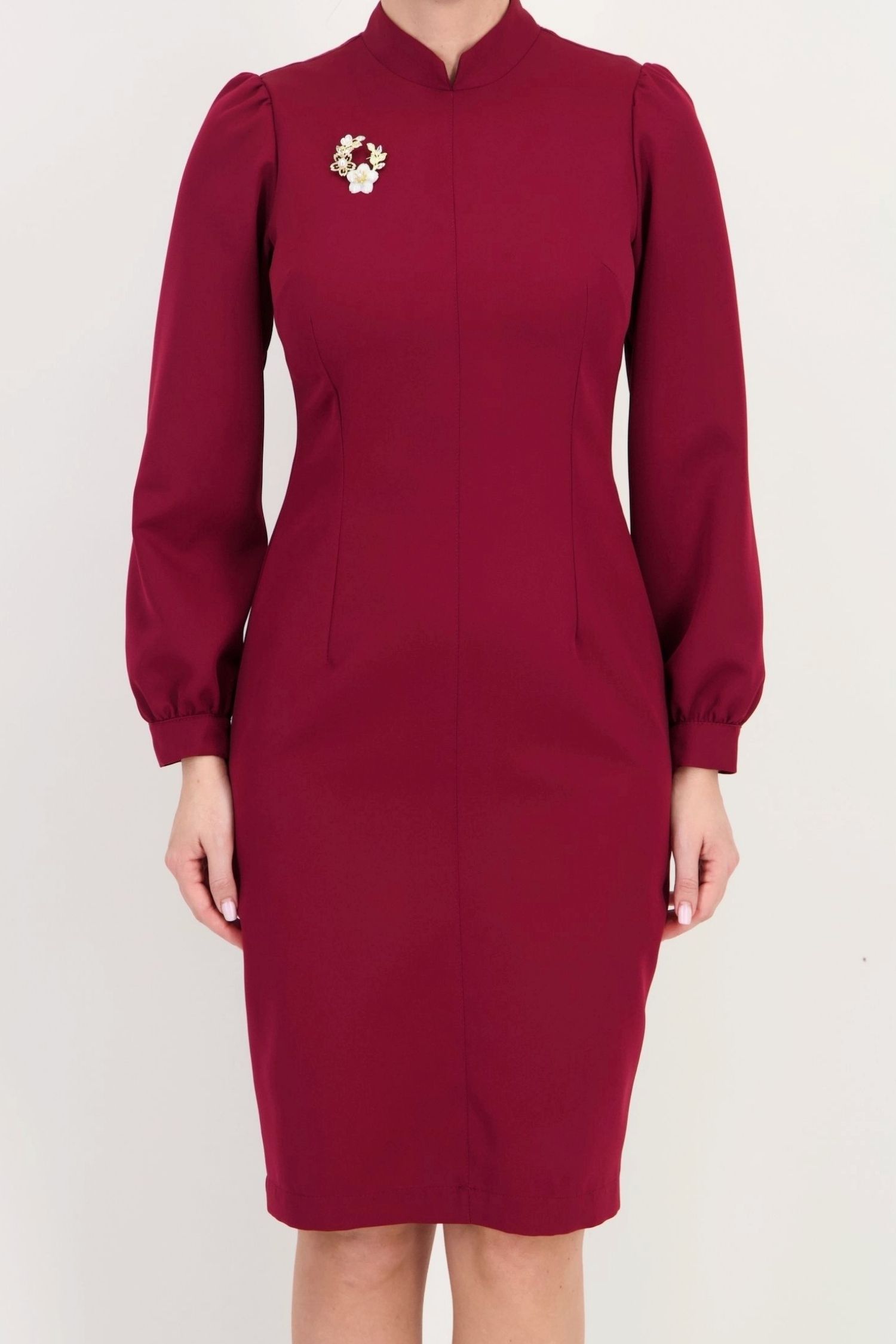 Rochie vișinie dreaptă din stofă elastică, până la genunchi 3 - StarShinerS.ro