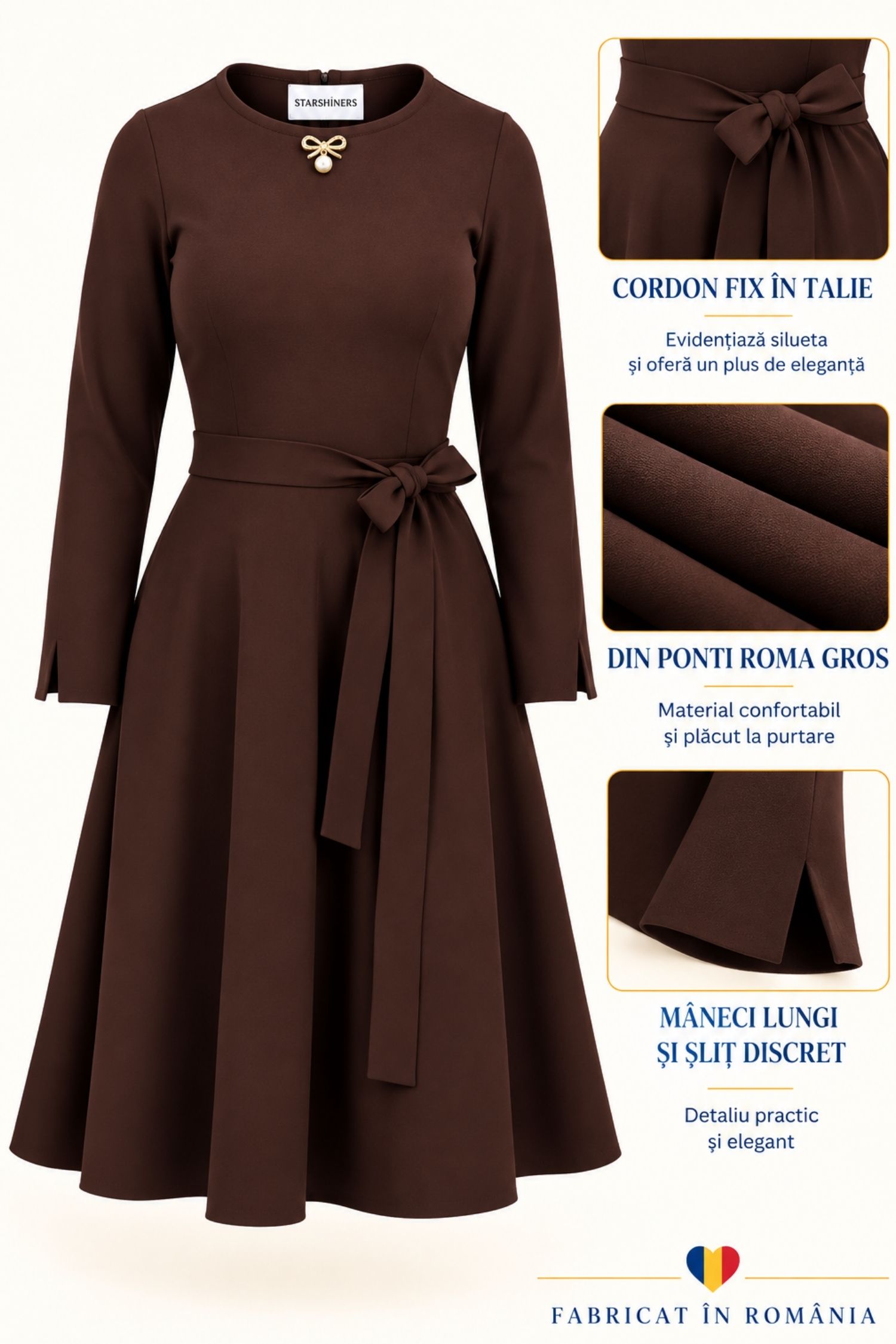Rochie maro midi, în clos, din punto cu viscoză, cu broșă 6 - StarShinerS.ro