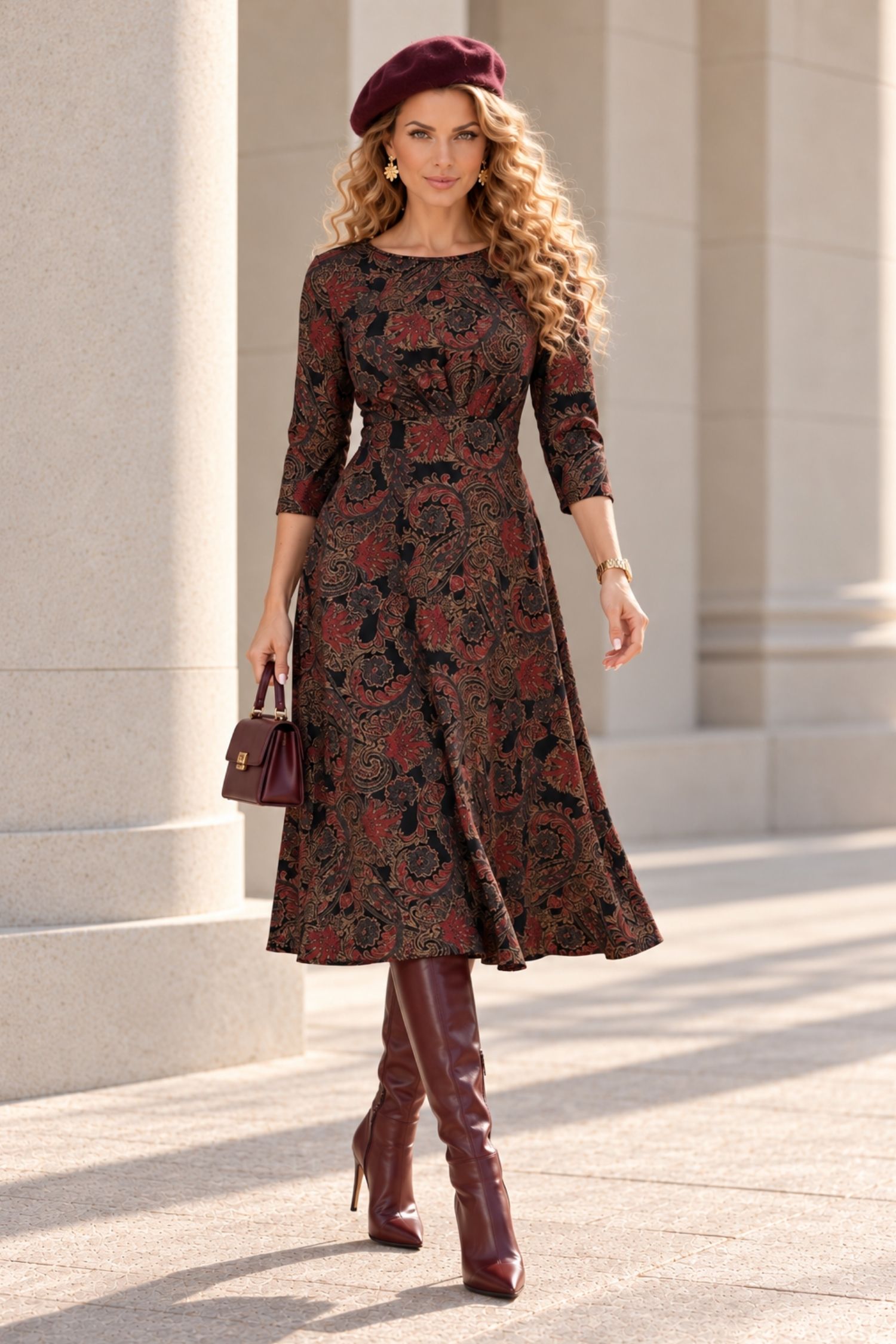 Rochie maro midi, în clos, din jersey, cu imprimeu abstract 2 - StarShinerS.ro