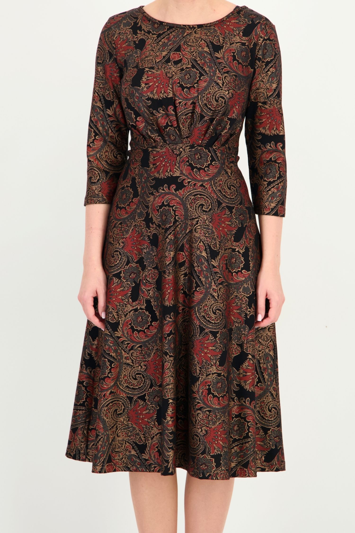 Rochie maro midi, în clos, din jersey, cu imprimeu abstract 3 - StarShinerS.ro