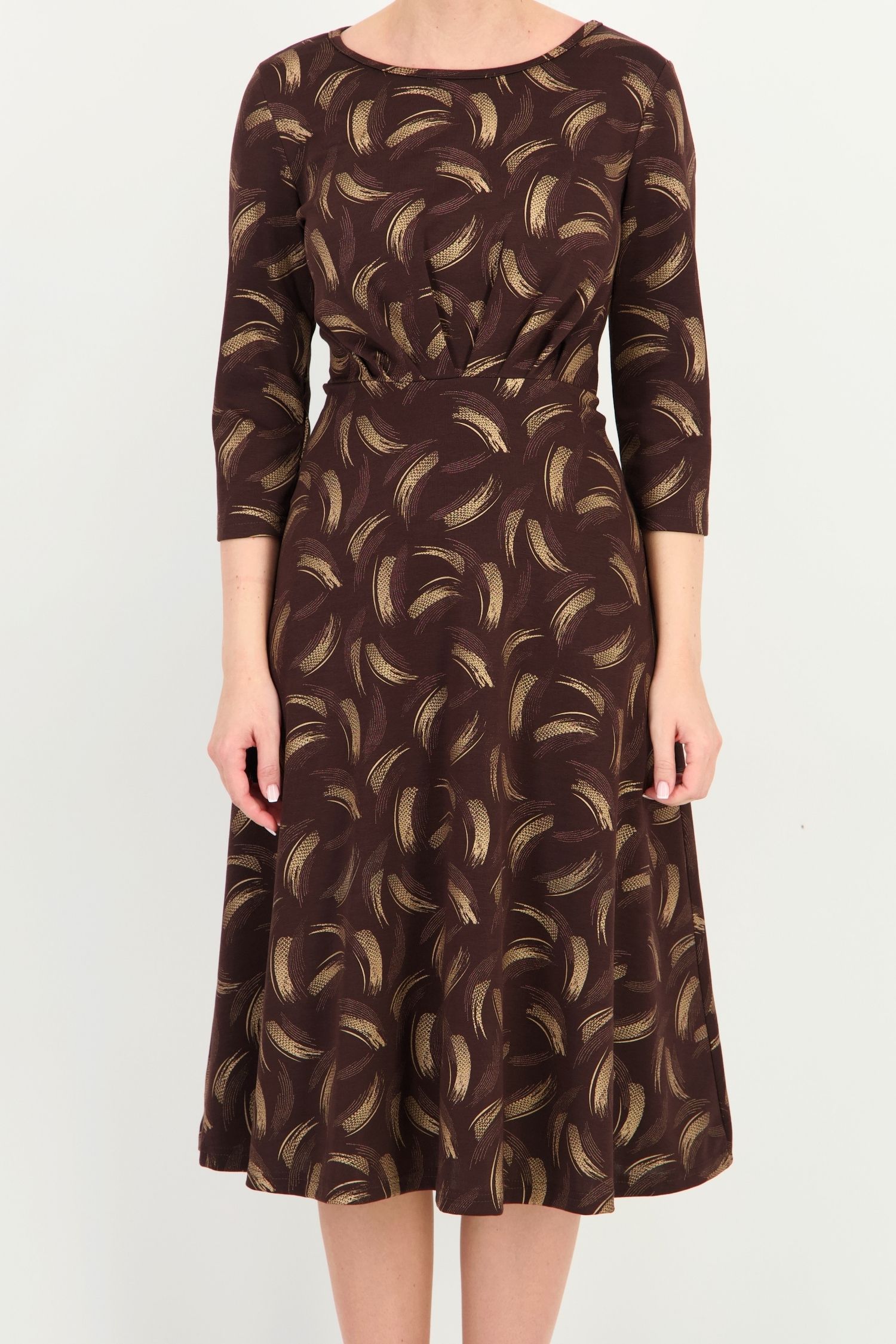 Rochie maro midi, în clos, din jersey, cu imprimeu abstract 3 - StarShinerS.ro