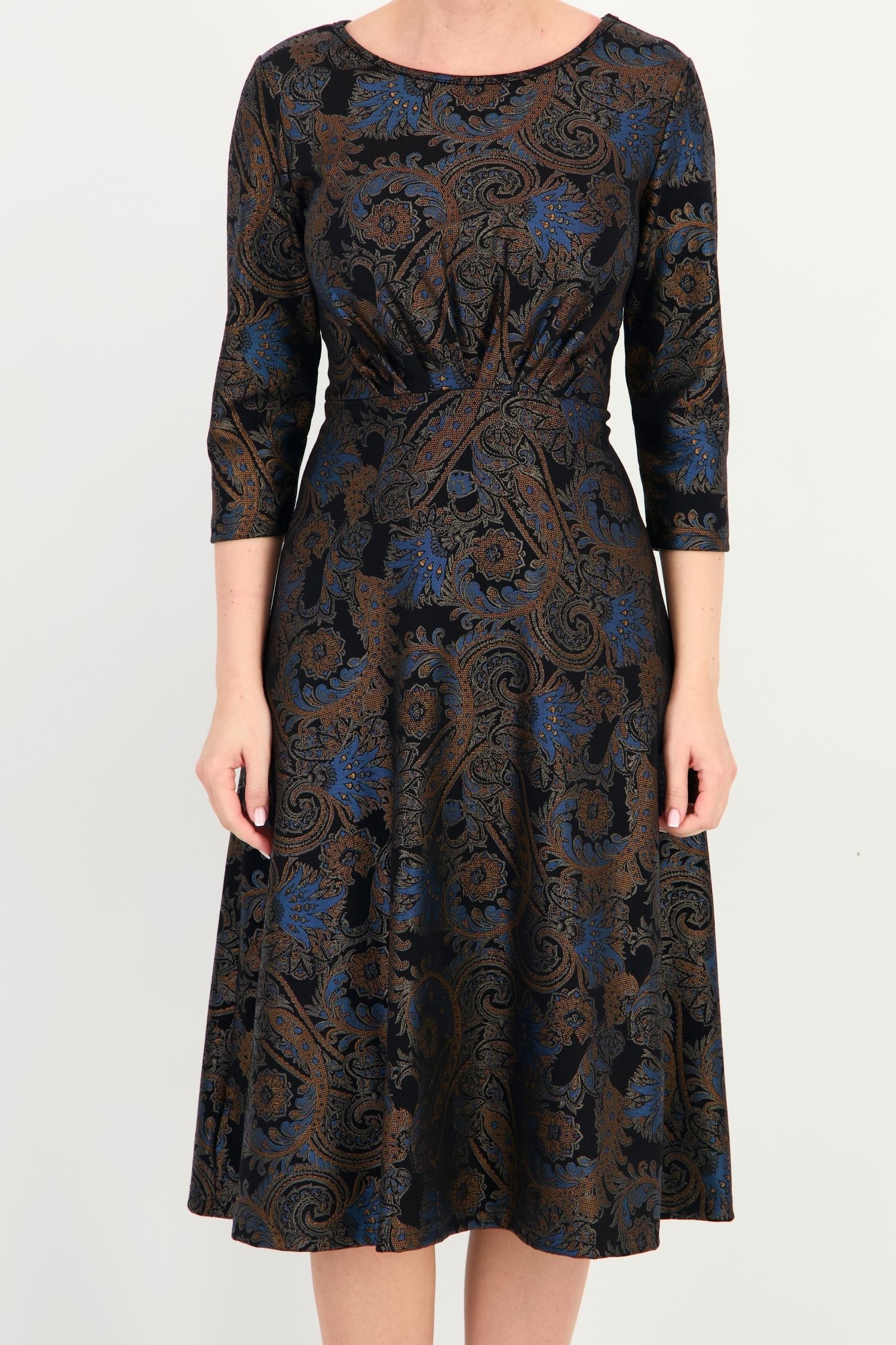 Rochie bleumarin midi, în clos, din jersey, cu imprimeu 3 - StarShinerS.ro