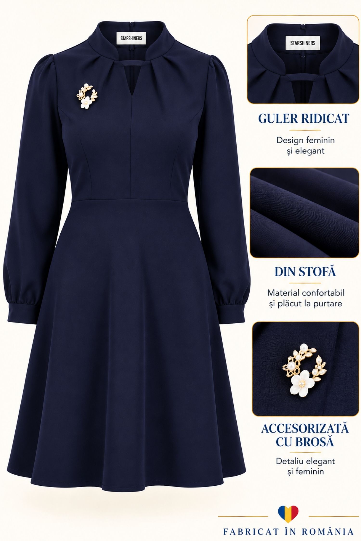 Rochie bleumarin, în clos, din stofă elastică, cu broșă 6 - StarShinerS.ro