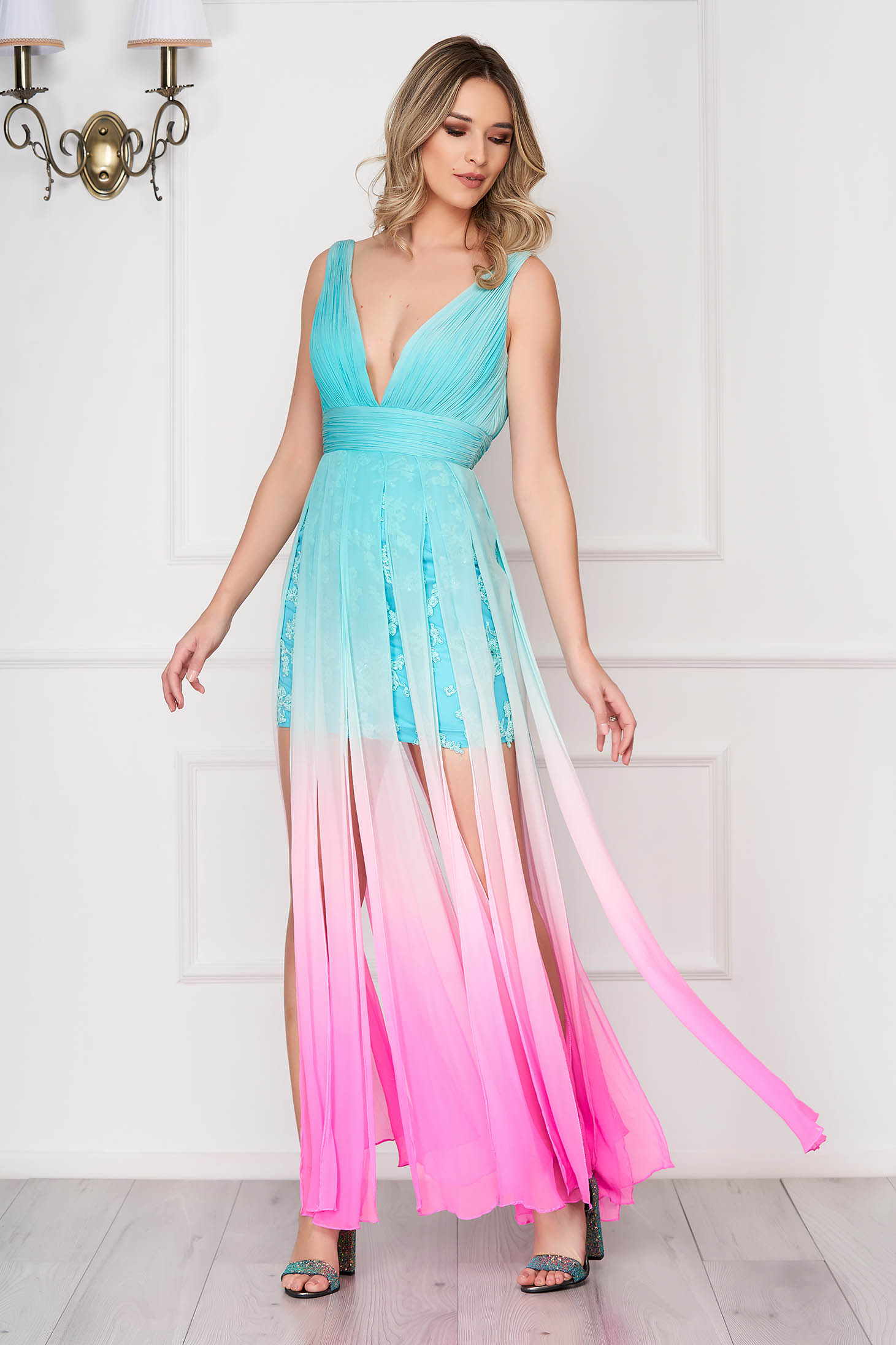 Aquakék Sherri Hill luxus ruha muszlinból flitteres díszítéssel 3 - StarShinerS.hu