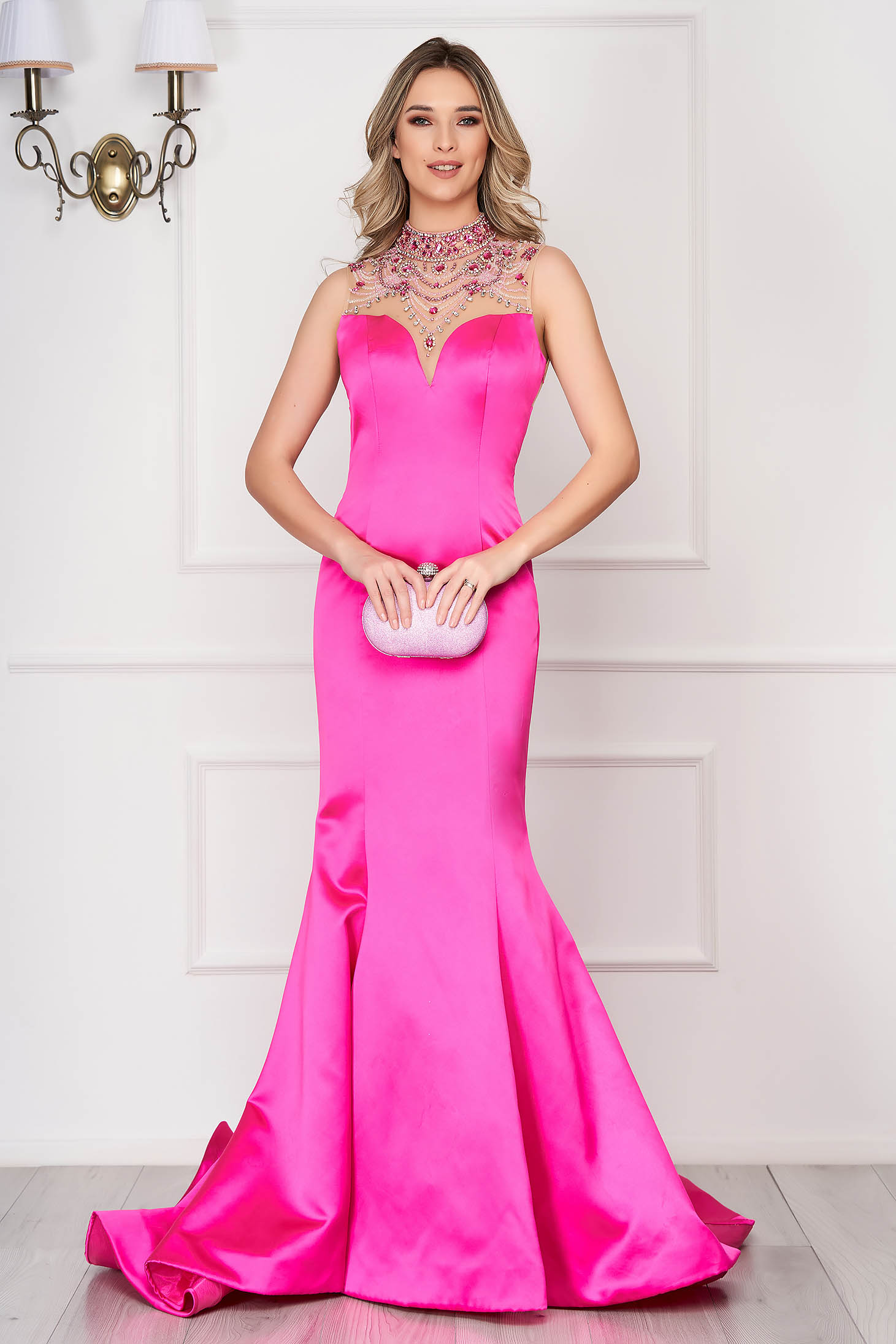 Sherri Hill pink dress with push-up cups from satin fabric texture luxurious mermaid cut bare back 3 - StarShinerS.com