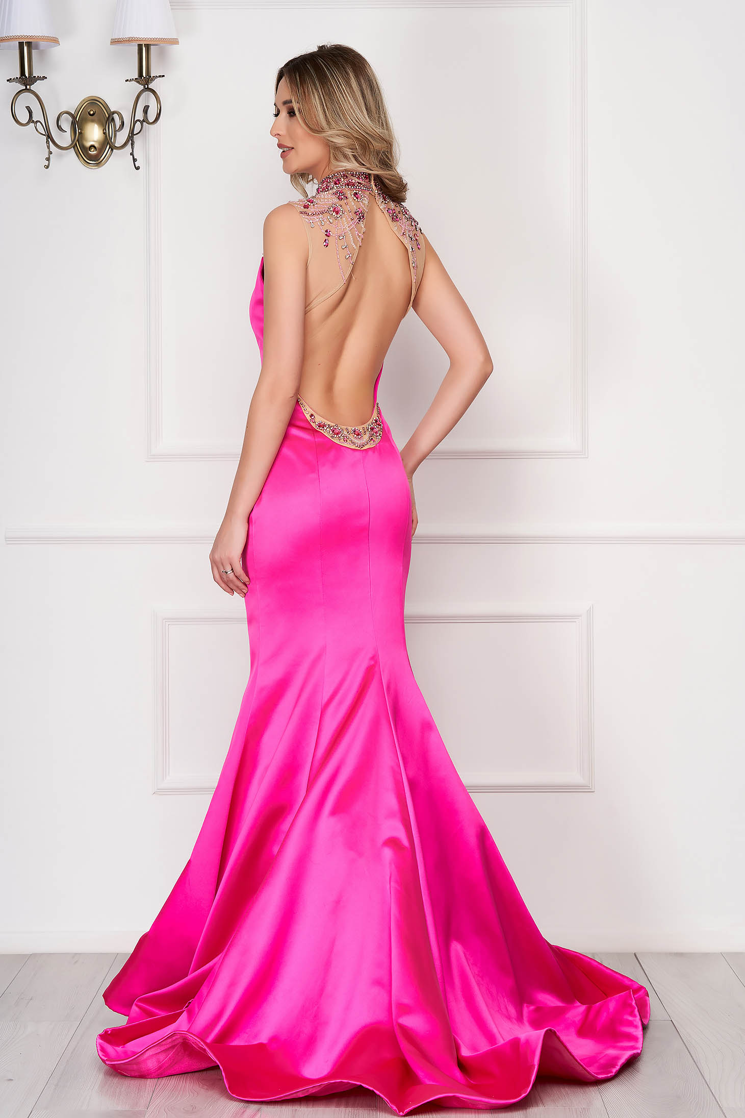 Sherri Hill pink dress with push-up cups from satin fabric texture luxurious mermaid cut bare back 2 - StarShinerS.com