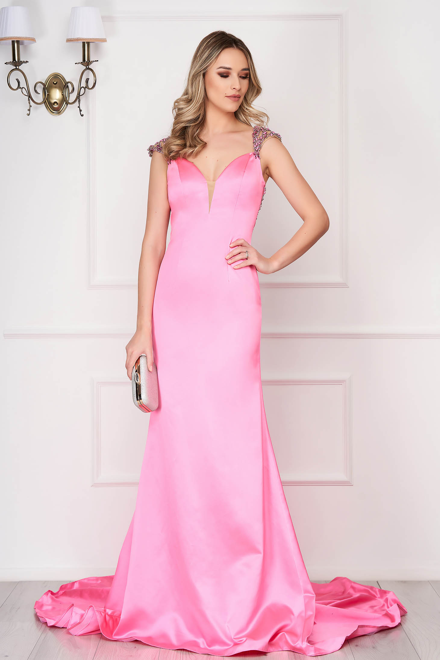 Sherri Hill pink dress luxurious long mermaid cut strass with braces with a cleavage 3 - StarShinerS.com