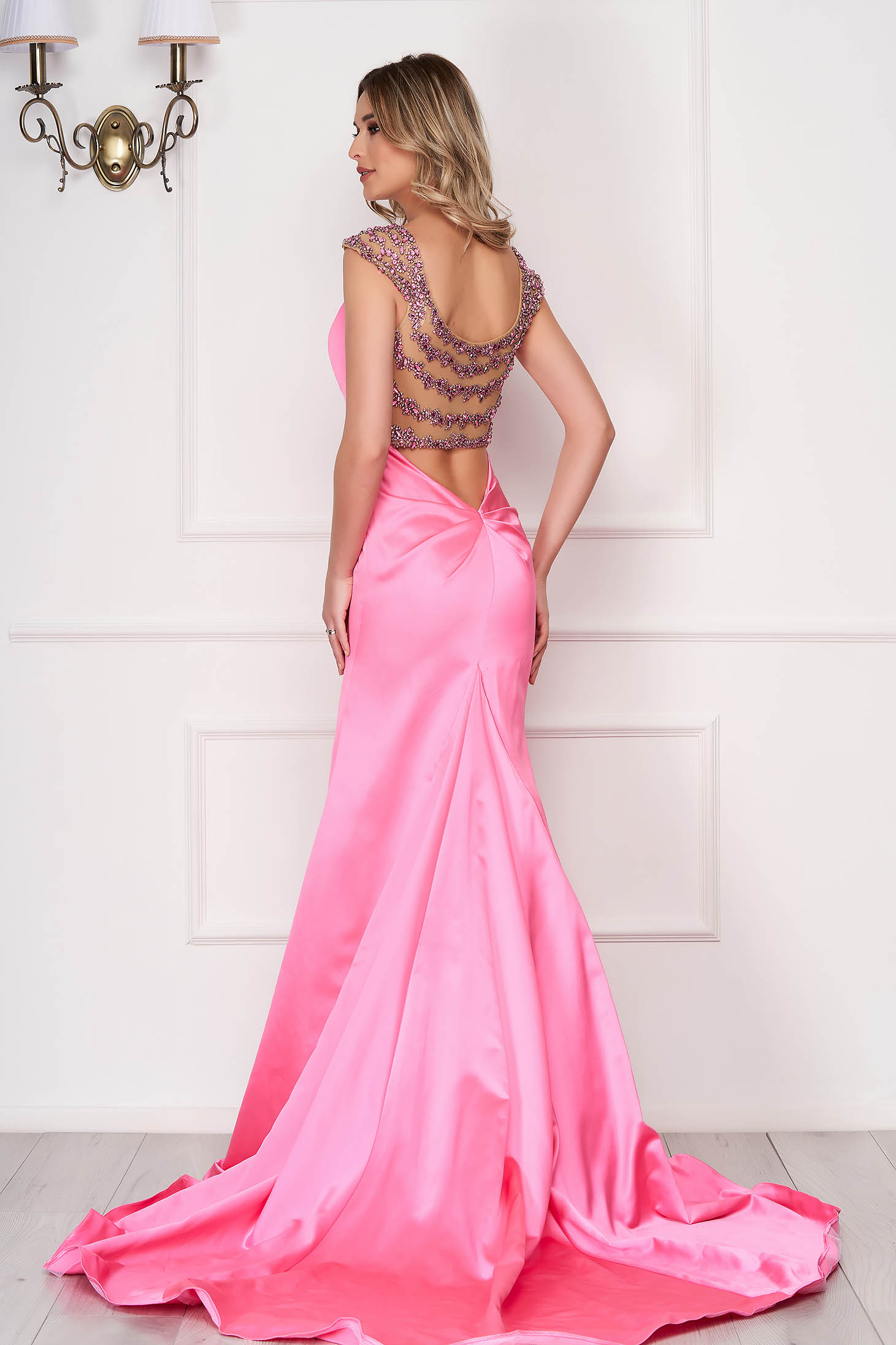 Pink Sherri Hill luxus szirén tipusú pántos hosszú dekoltált ruha strassz köves díszítéssel 2 - StarShinerS.hu