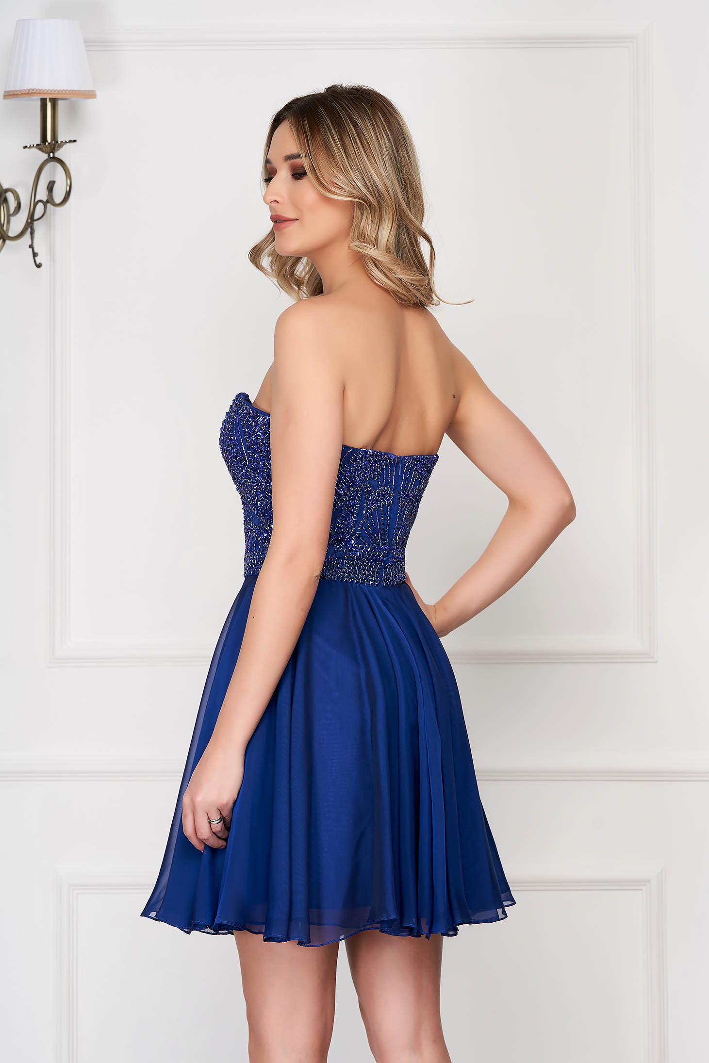 Luxury Short Sherri Hill Blue Dress made of Veil in A-line with Open Back 2 - StarShinerS.com