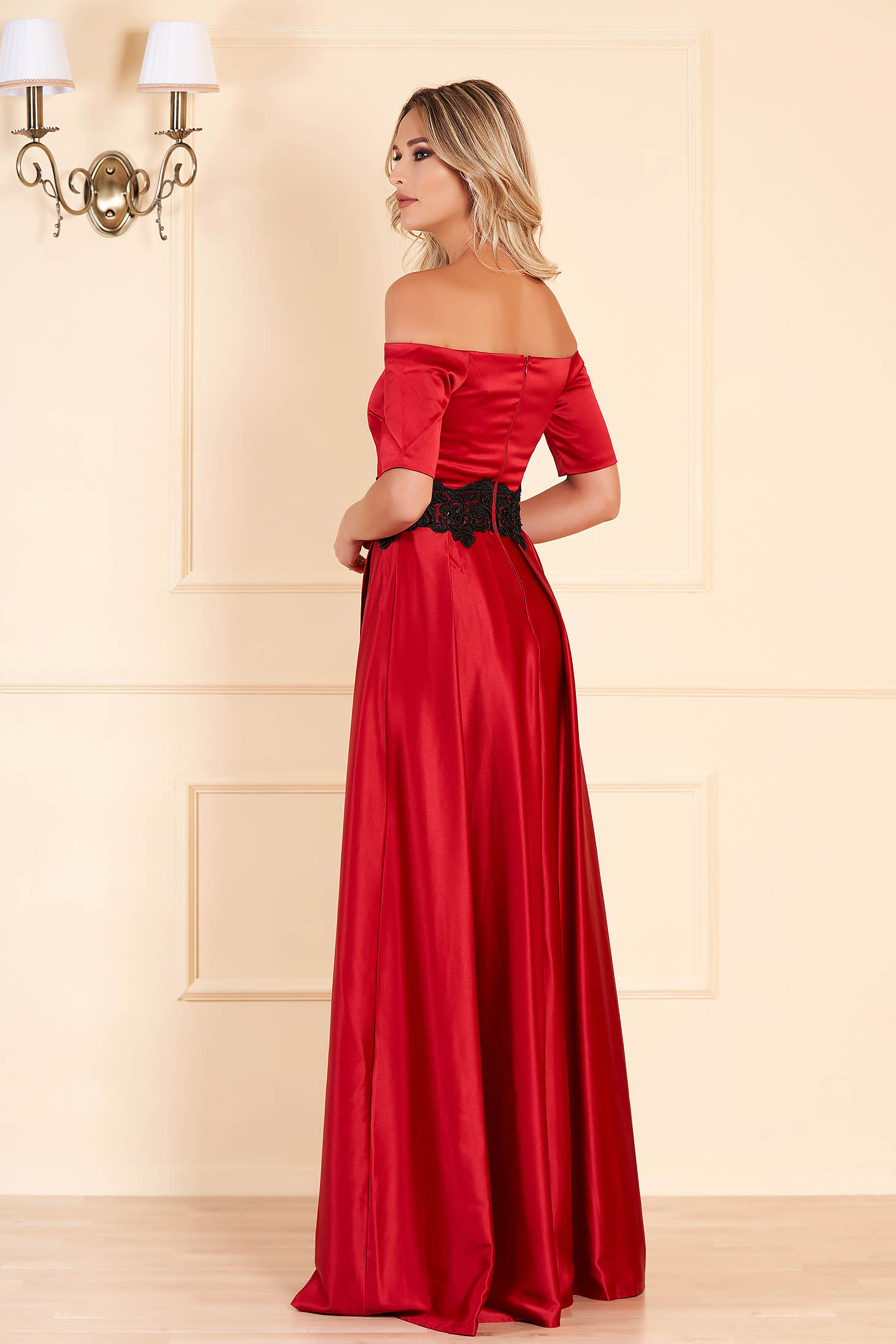 Artista occasional red dress with satin fabric texture embroidery details