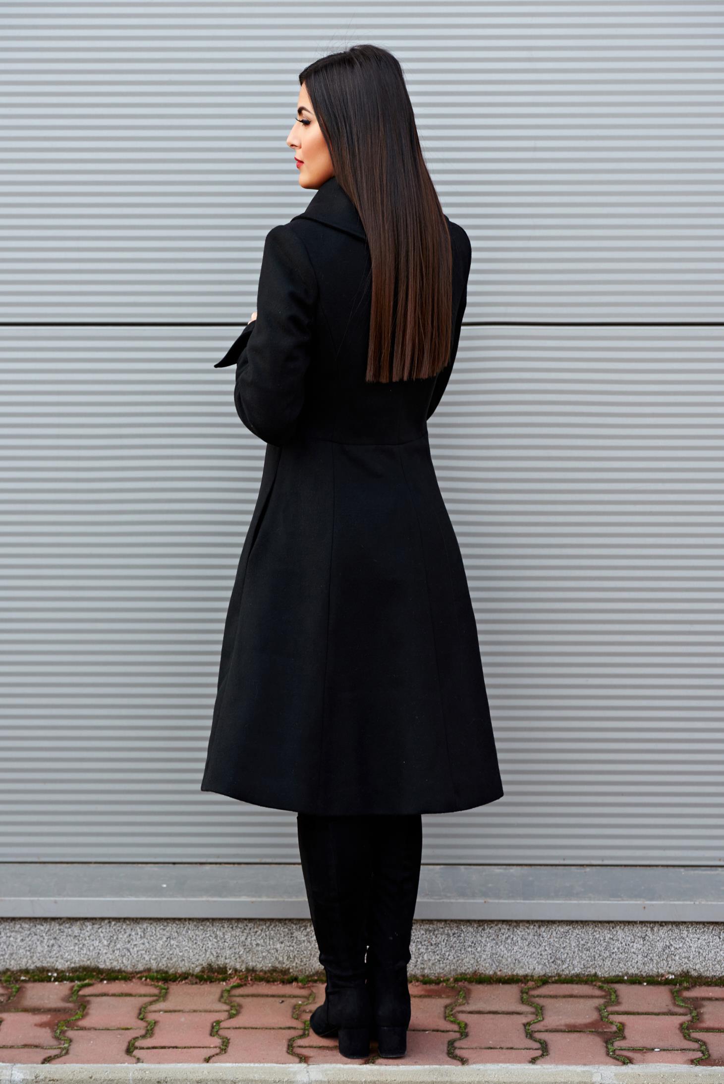 Palton negru din lana cu buzunare captusit pe interior 2 - StarShinerS.ro