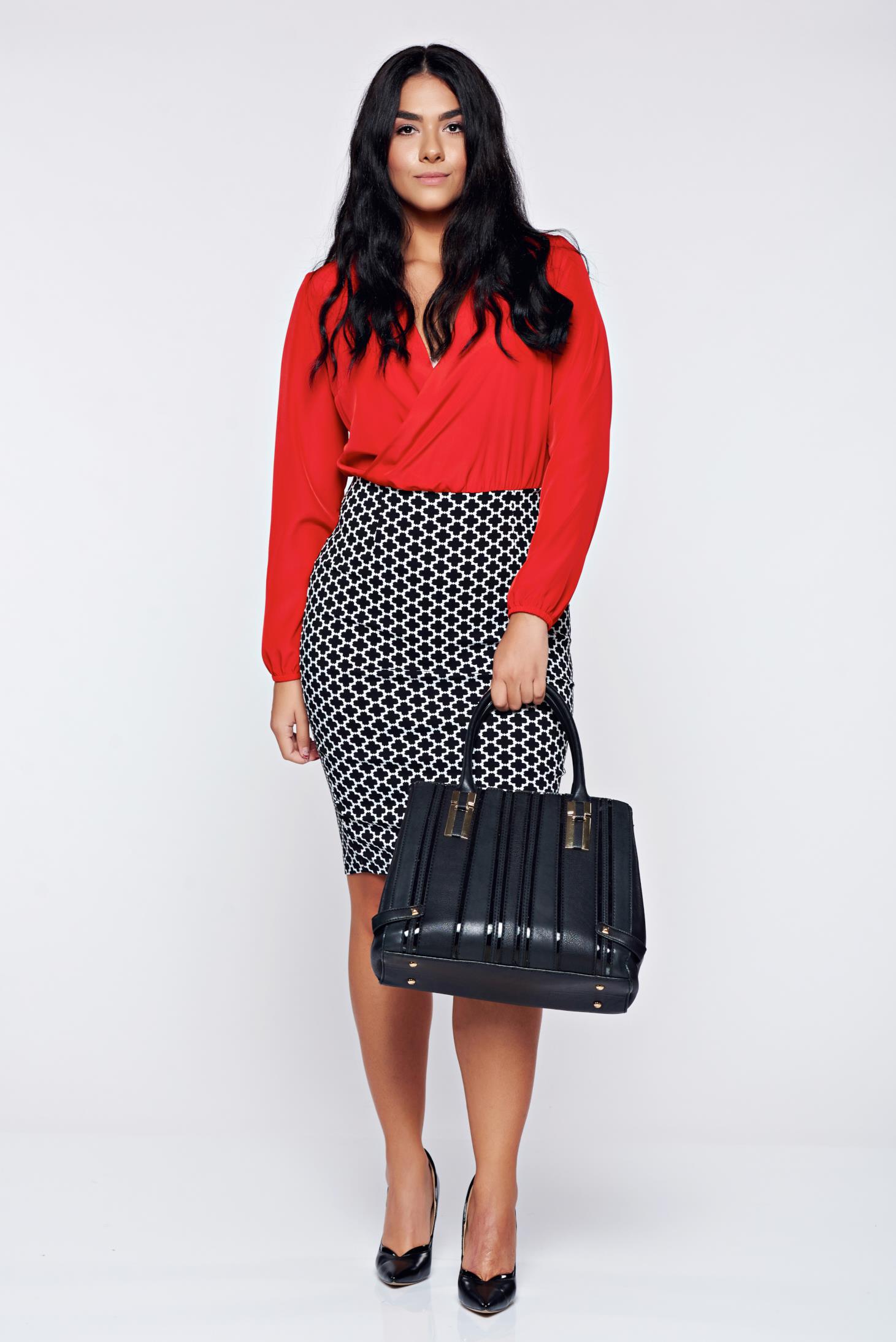 Rochie StarShinerS rosie office tip creion din material elastic si voal cu decolteu