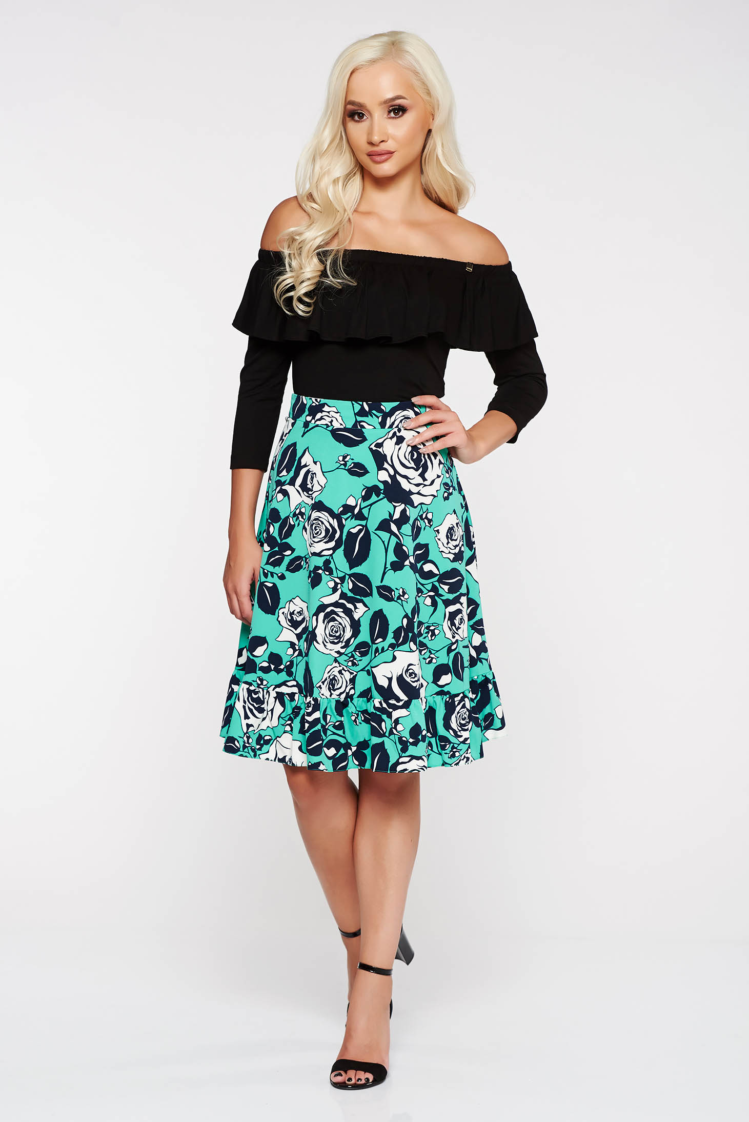 LaDonna green flared skirt with floral prints 3 - StarShinerS.com