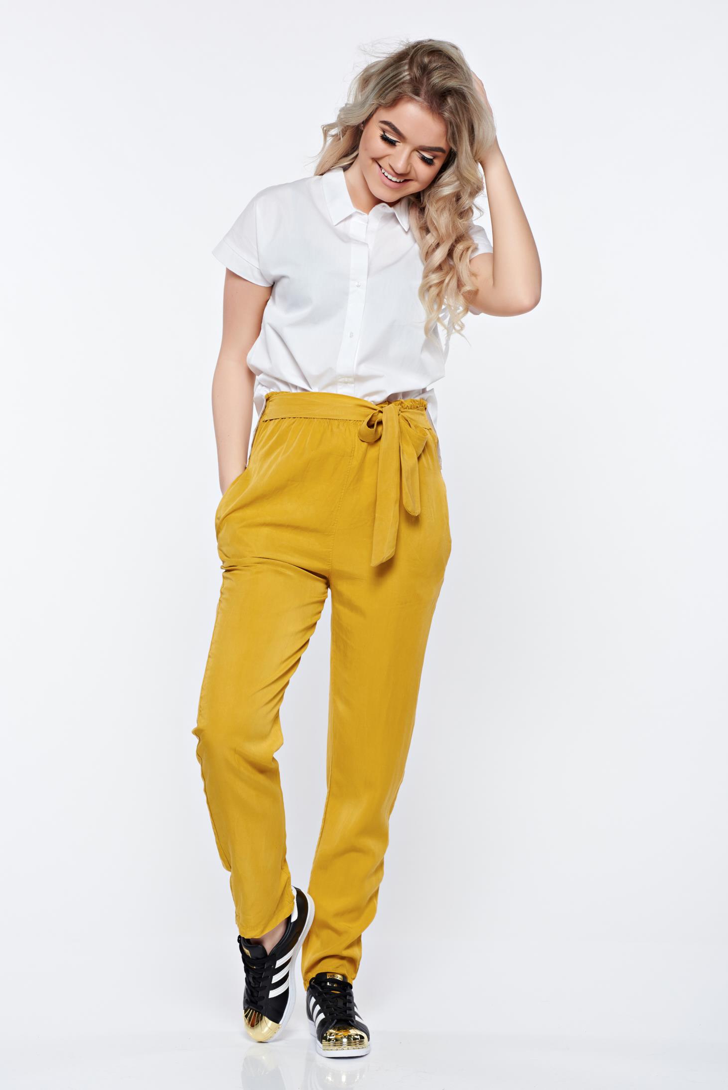 Mustard Yellow elastic waist trousers with pockets 3 - StarShinerS.com
