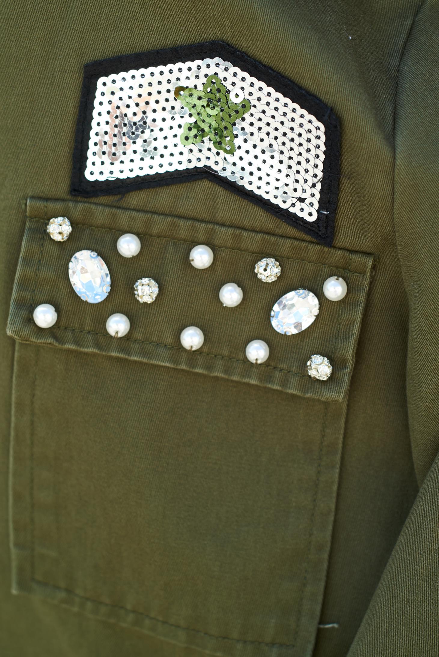 Casual long darkgreen jacket with strass 4 - StarShinerS.com
