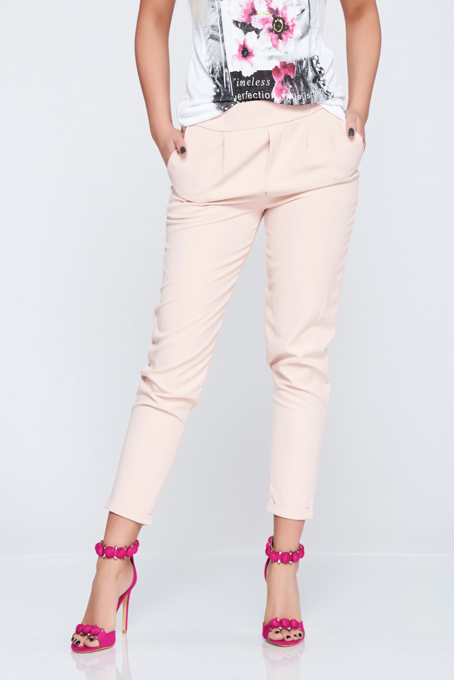 Pantaloni casual conici rosa cu elastic in talie 2 - StarShinerS.ro