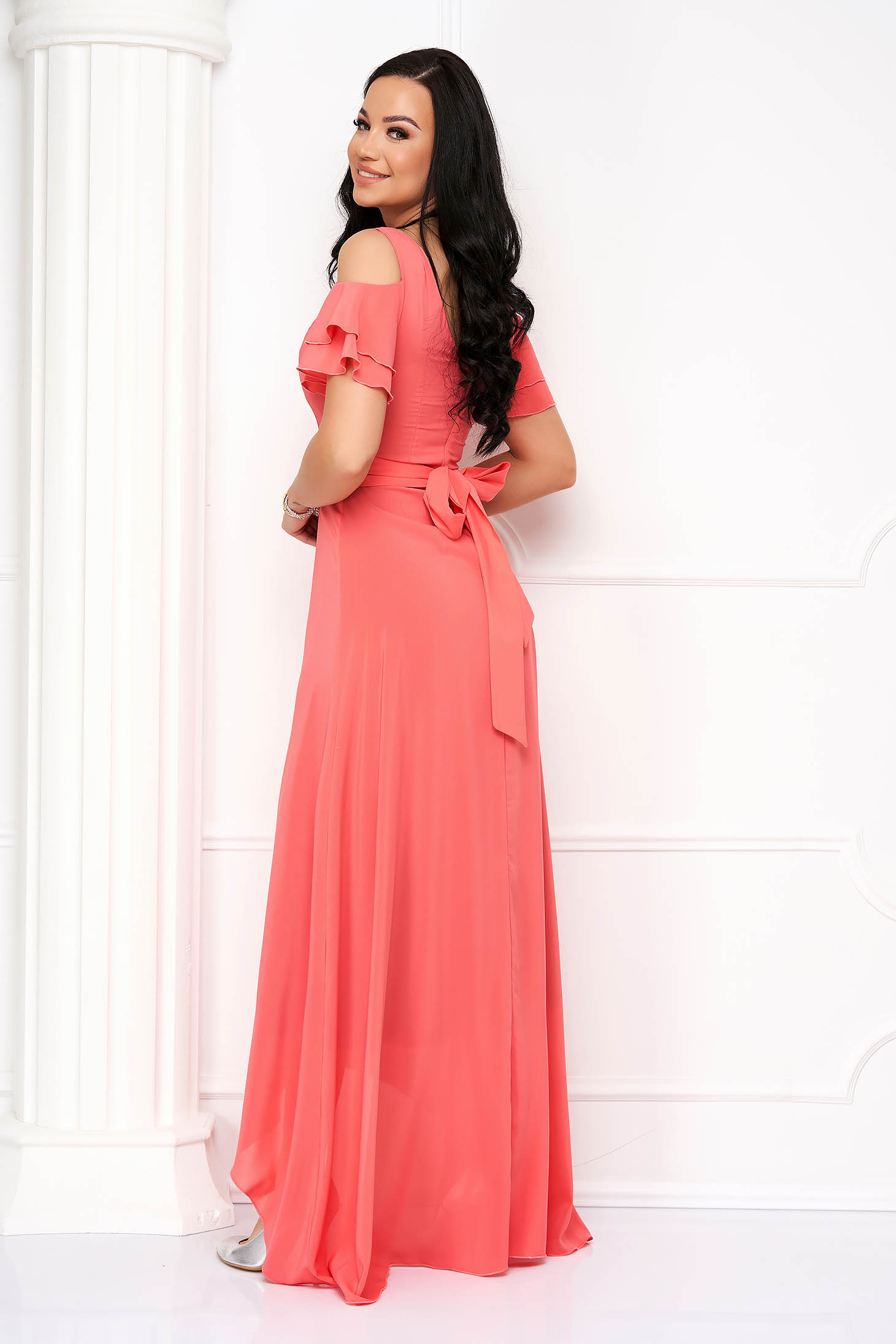 Asymmetrical Long Coral Veil Dress with Cut Shoulders - StarShinerS 4 - StarShinerS.com