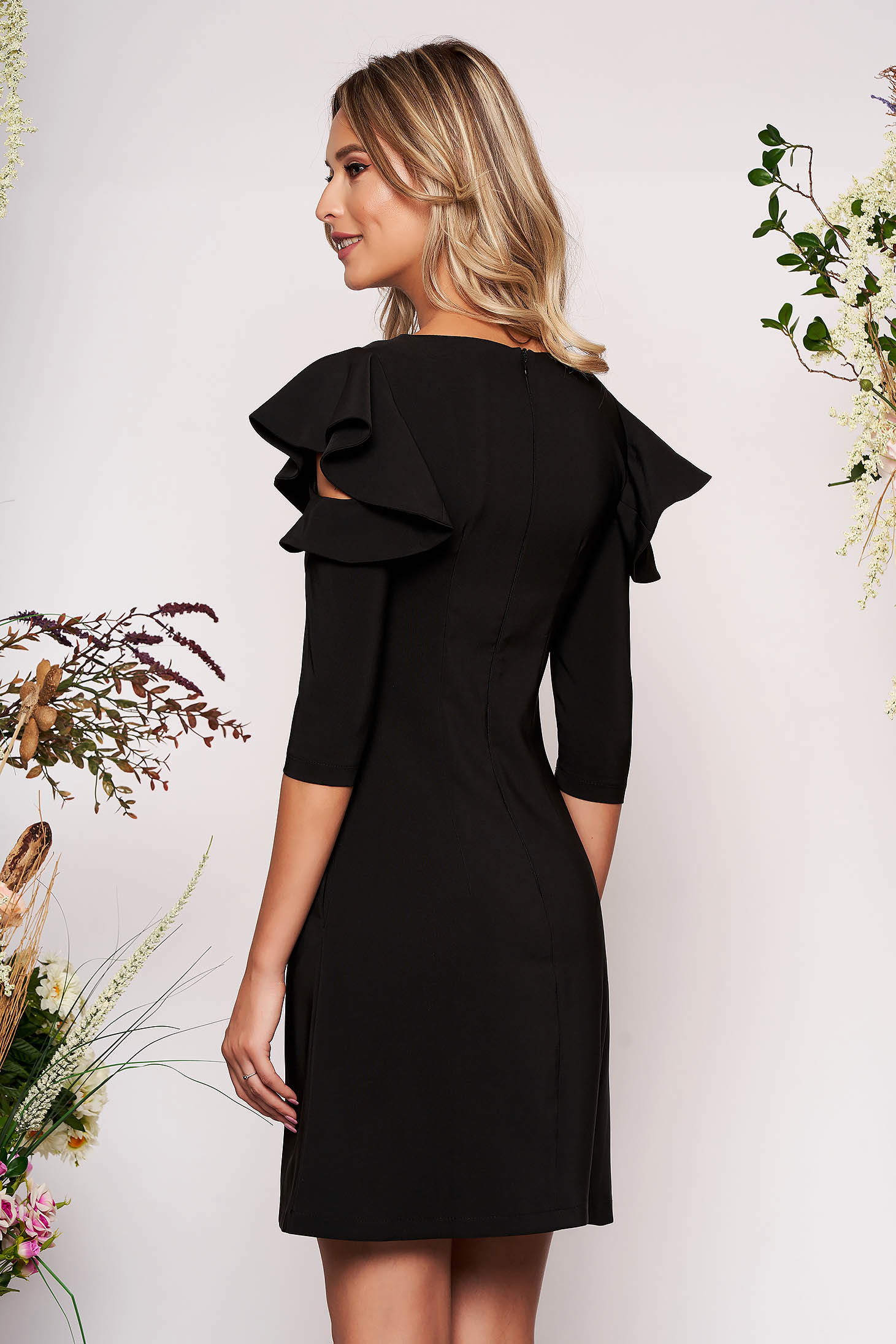 Black daily elegant a-line dress slightly elastic fabric with ruffled sleeves 2 - StarShinerS.com