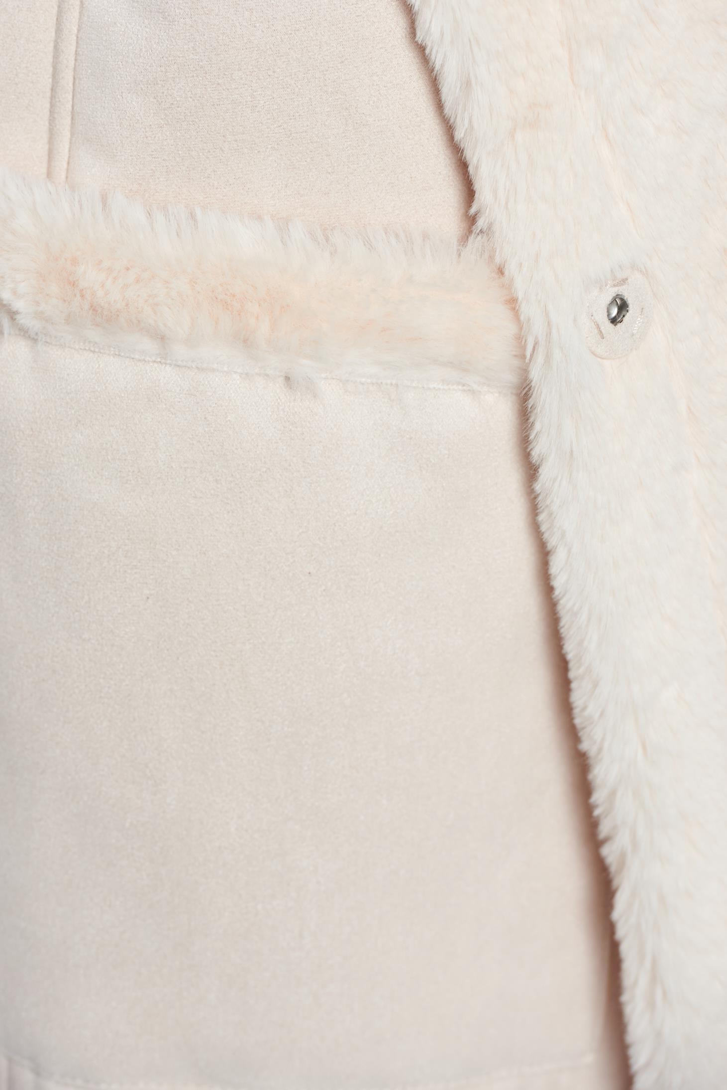Cream elegant velour coat with pockets faux fur lining