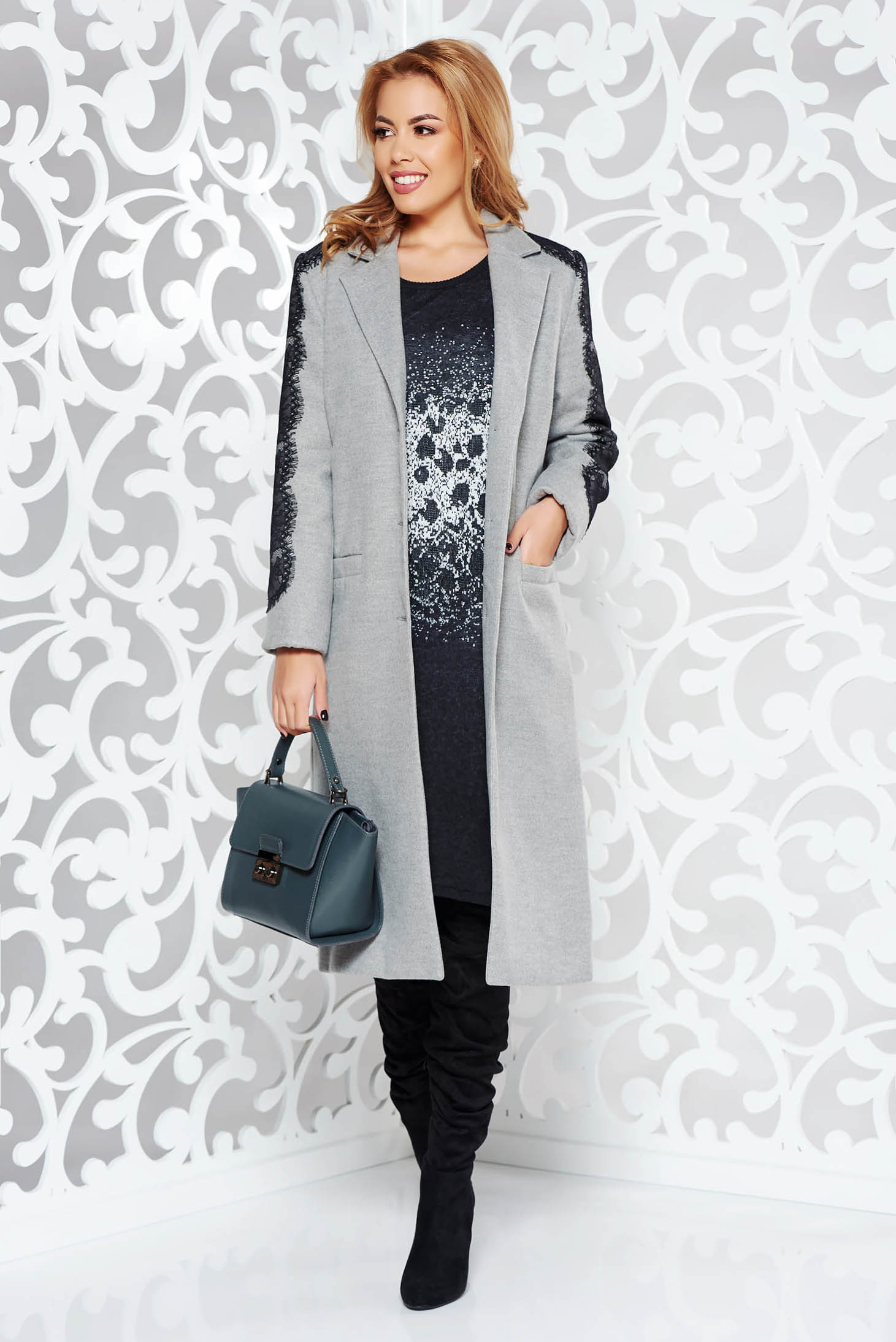 Ladonna Grey Embroidered Elegant Straight Coat With Inside Lining 6150