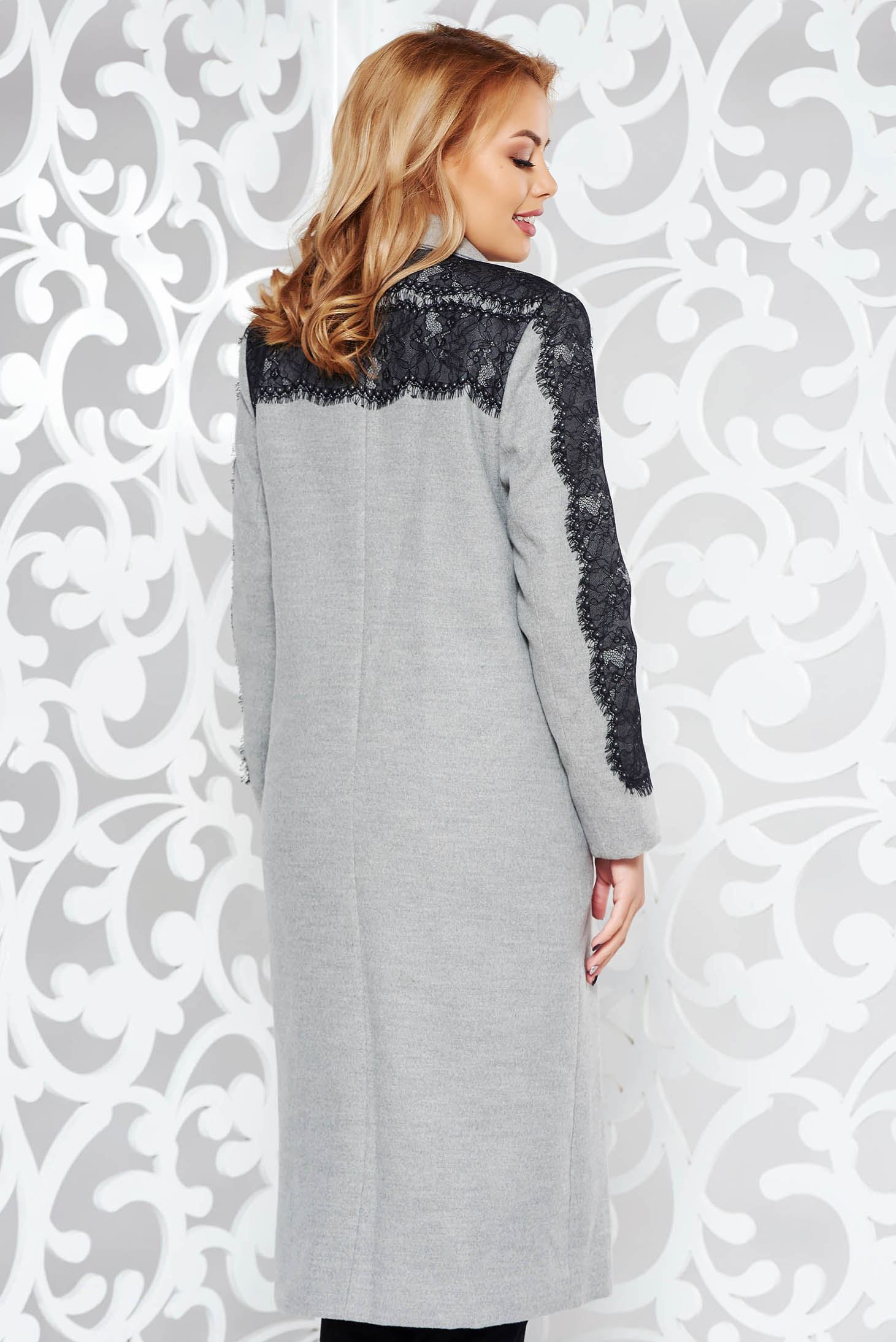 Ladonna Grey Embroidered Elegant Straight Coat With Inside Lining 6386