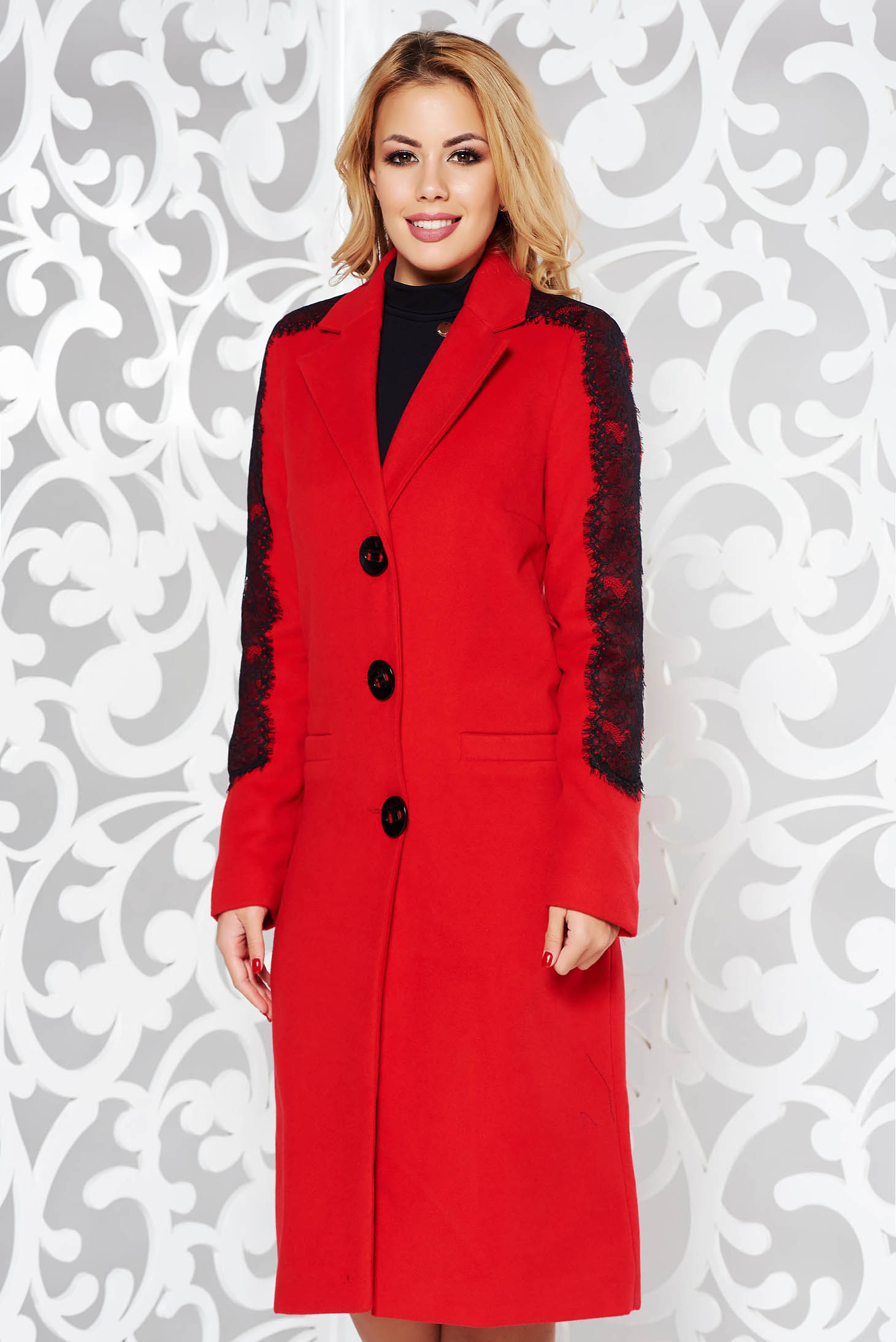 Ladonna Red Embroidered Elegant Straight Coat With Inside Lining 3390