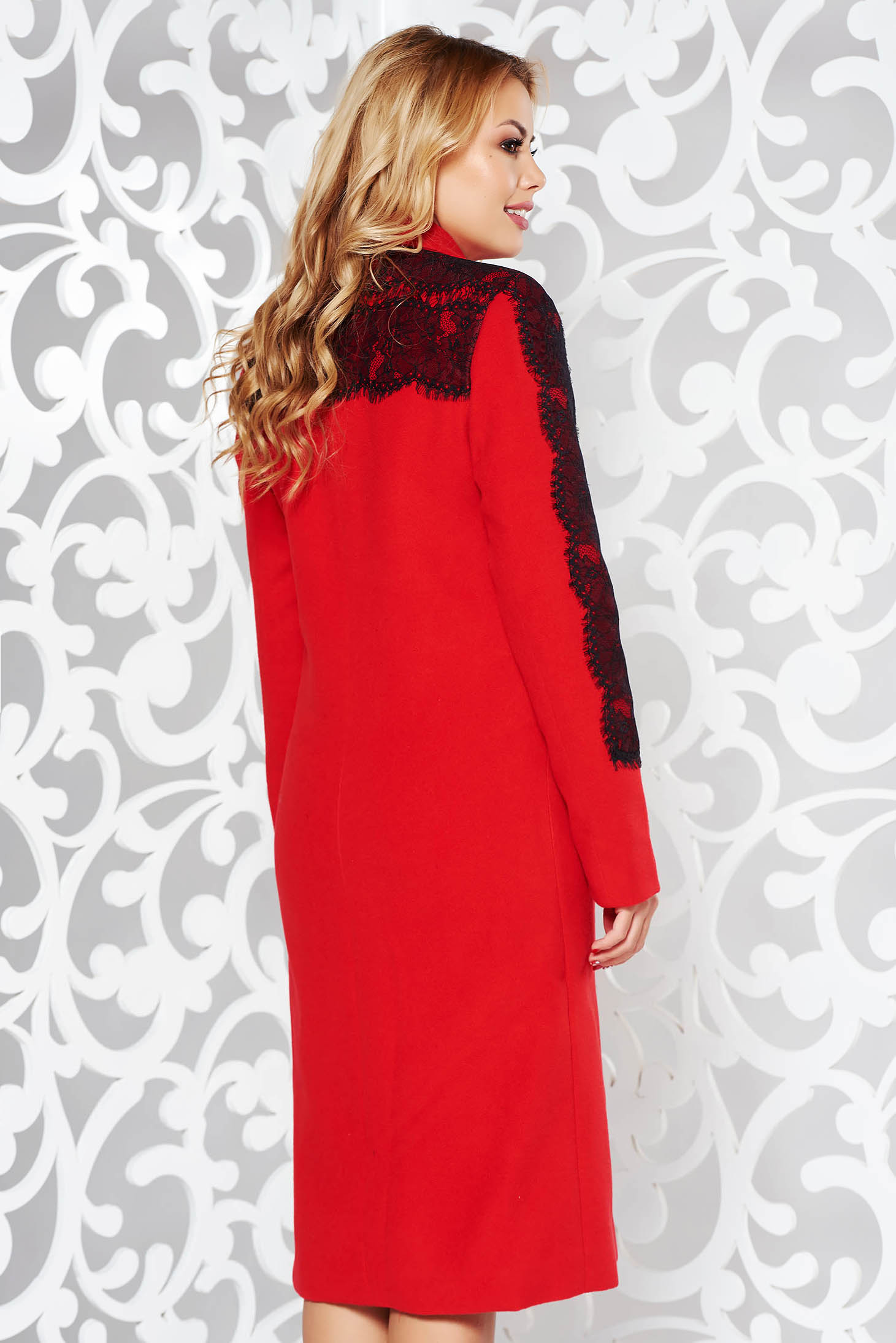 Ladonna Red Embroidered Elegant Straight Coat With Inside Lining 8372