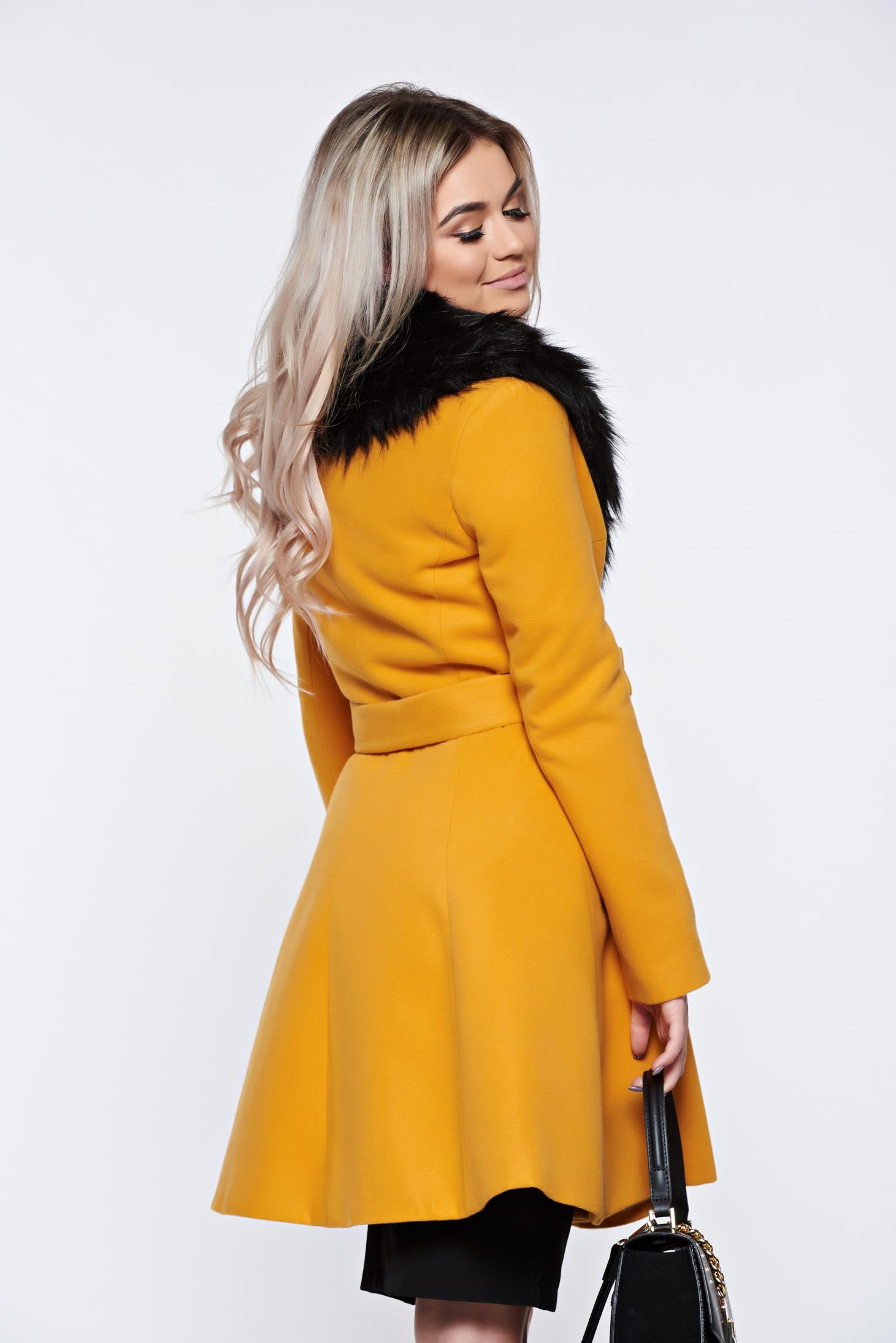 Ladonna Elegant Mustard Coat From Wool With Detachable Faux Fur Insertions 8479