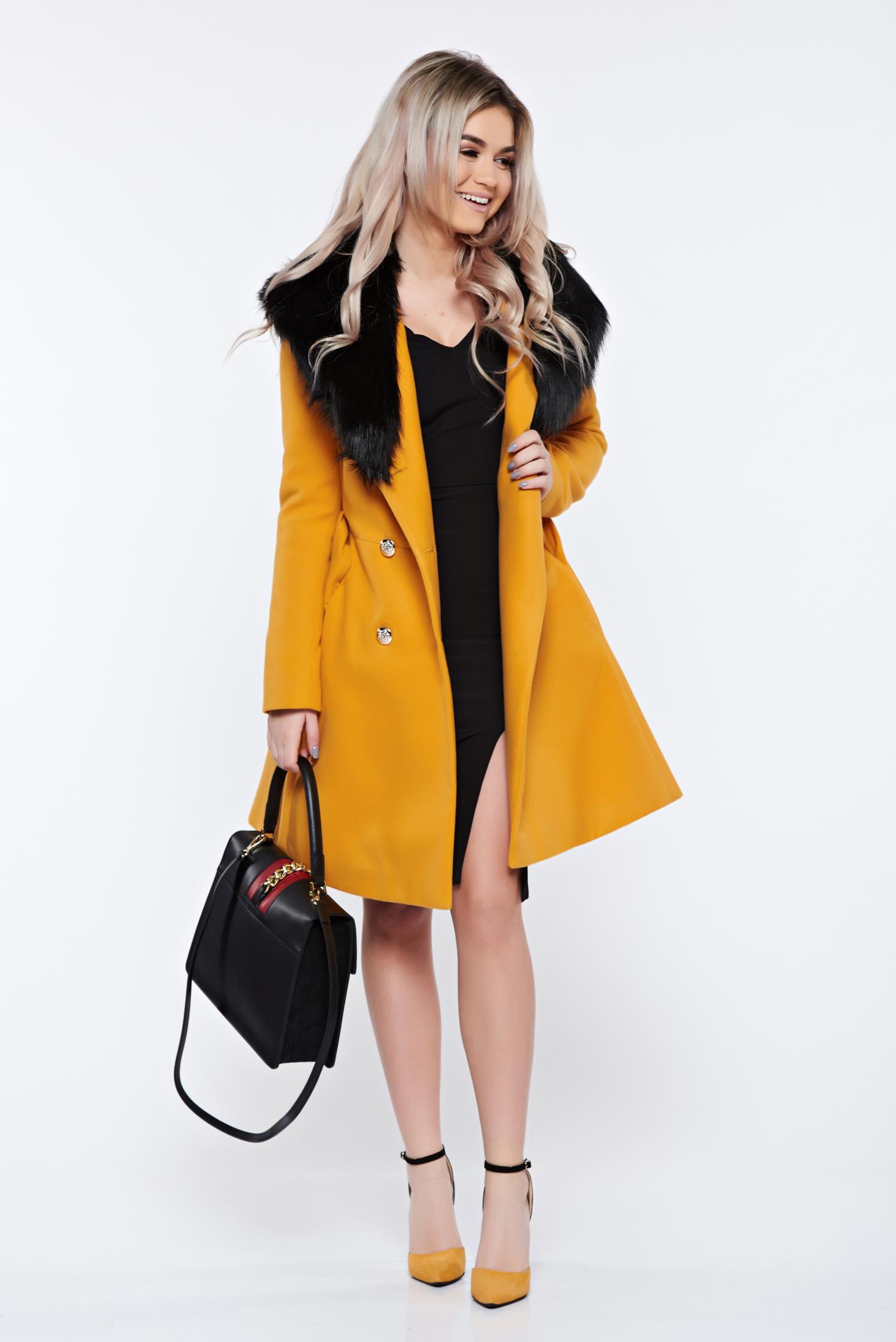 Ladonna Elegant Mustard Coat From Wool With Detachable Faux Fur Insertions 2302