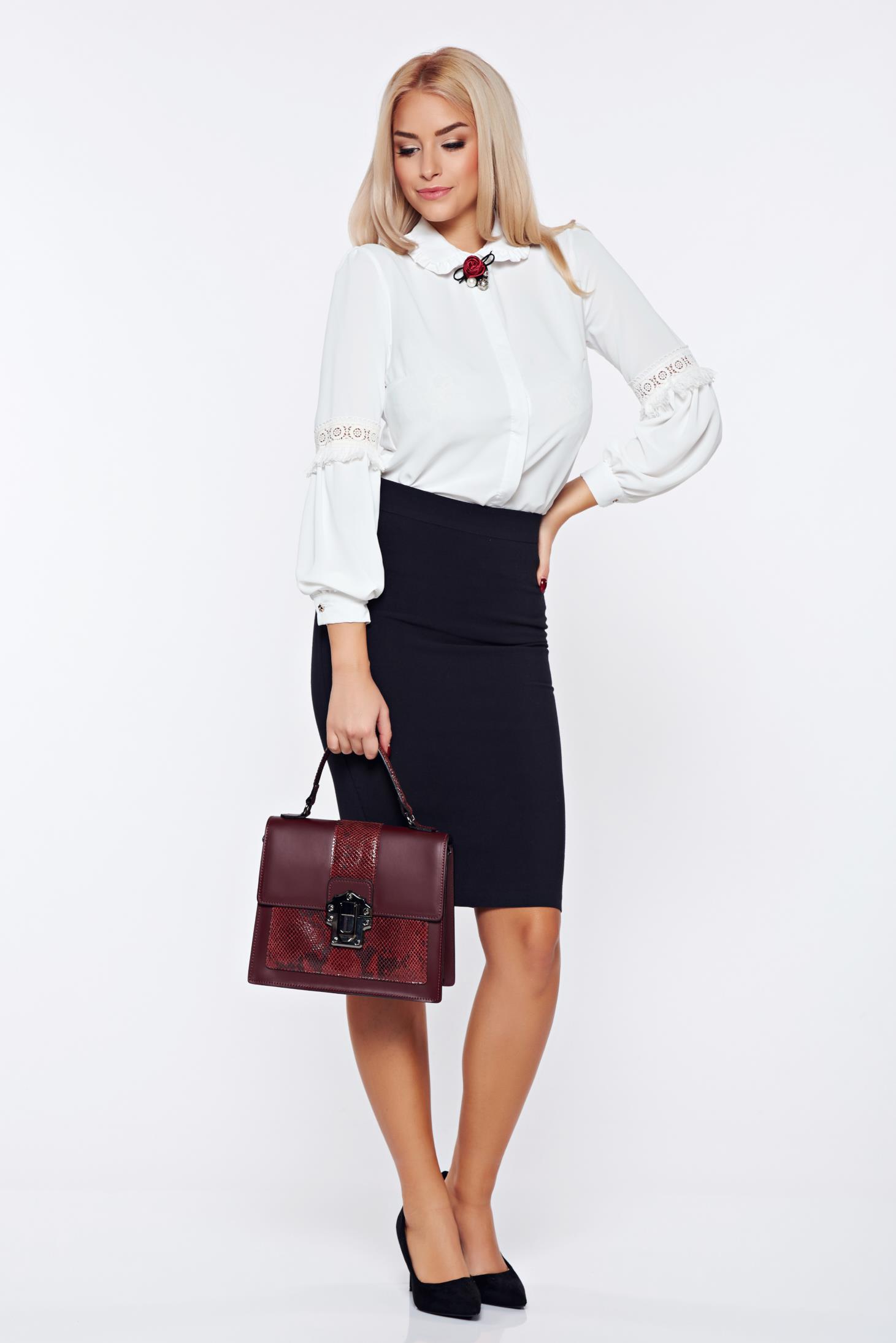 Fofy white office women`s blouse with flower shaped brestpin