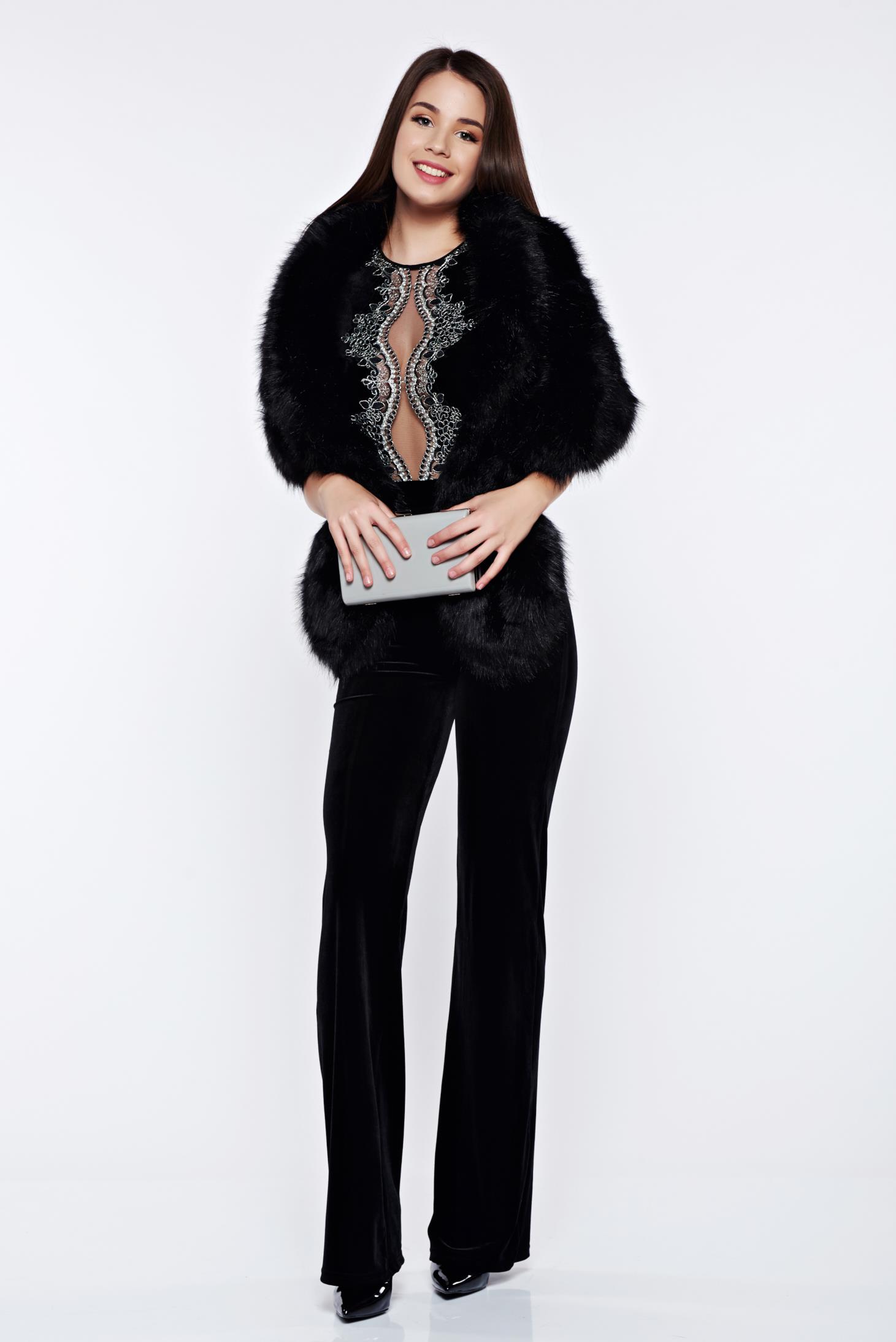 Fofy black elegant velvet embroidered jumpsuit