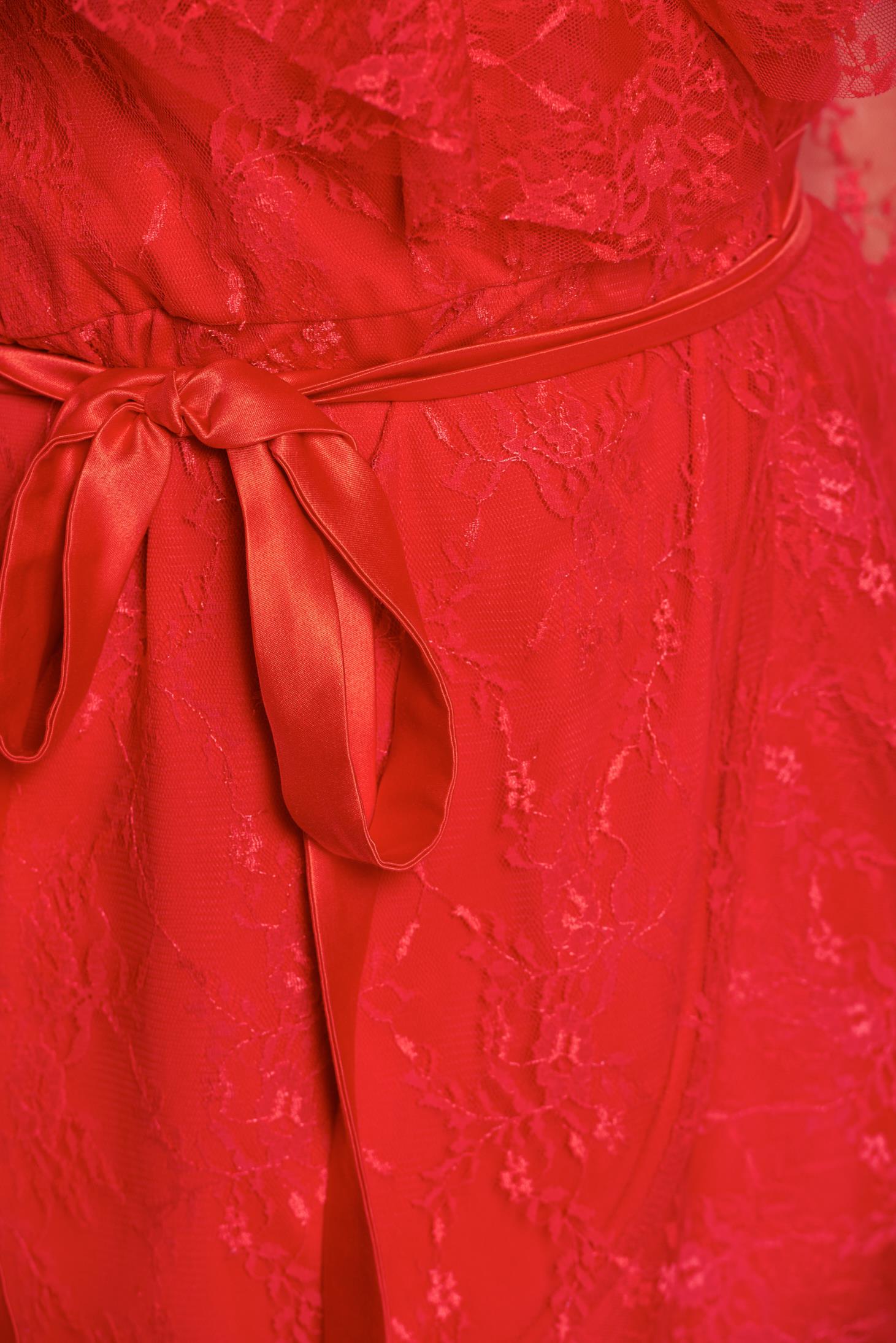 Rochie PrettyGirl rosie de ocazie asimetrica din dantela captusita pe interior cu decolteu in v 5 - StarShinerS.ro