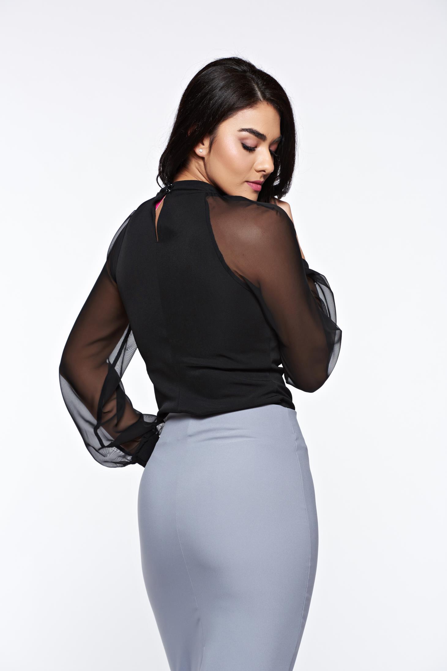 Bluza dama din crep neagra mulata cu maneci din voal bufante - StarShinerS 2 - StarShinerS.ro