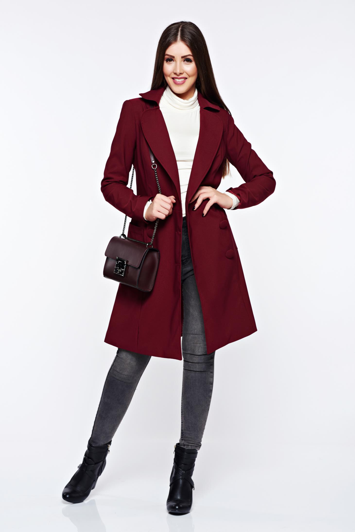 Artista burgundy trenchcoat office with inside lining with pockets accessorized with tied waistband slightly elastic fabric 3 - StarShinerS.com