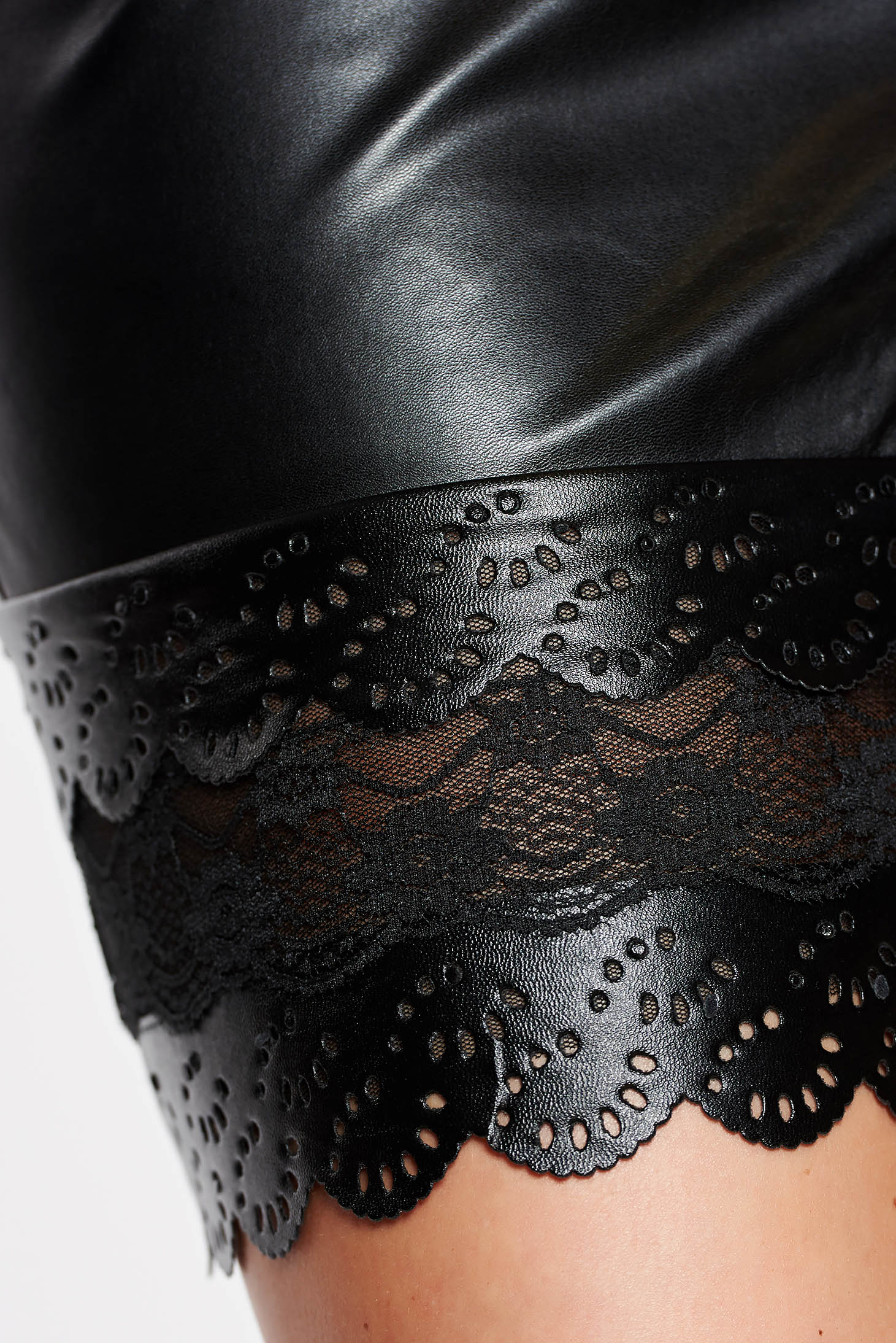 Starshiners Black Clubbing Skirt From Ecological Leather With Lace Details 3806