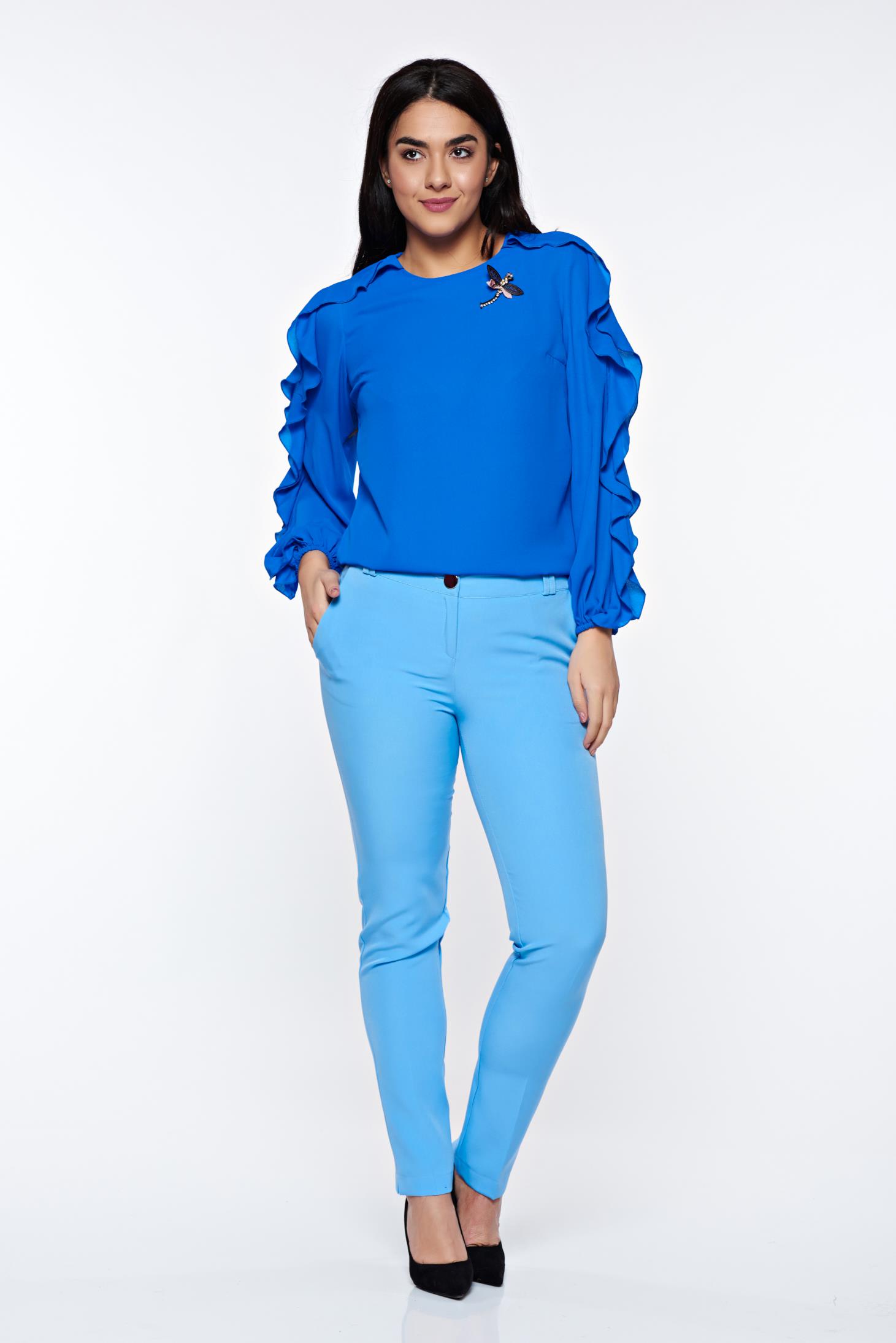 PrettyGirl lightblue elegant conical trousers with medium waist with pockets slightly elastic fabric 3 - StarShinerS.com