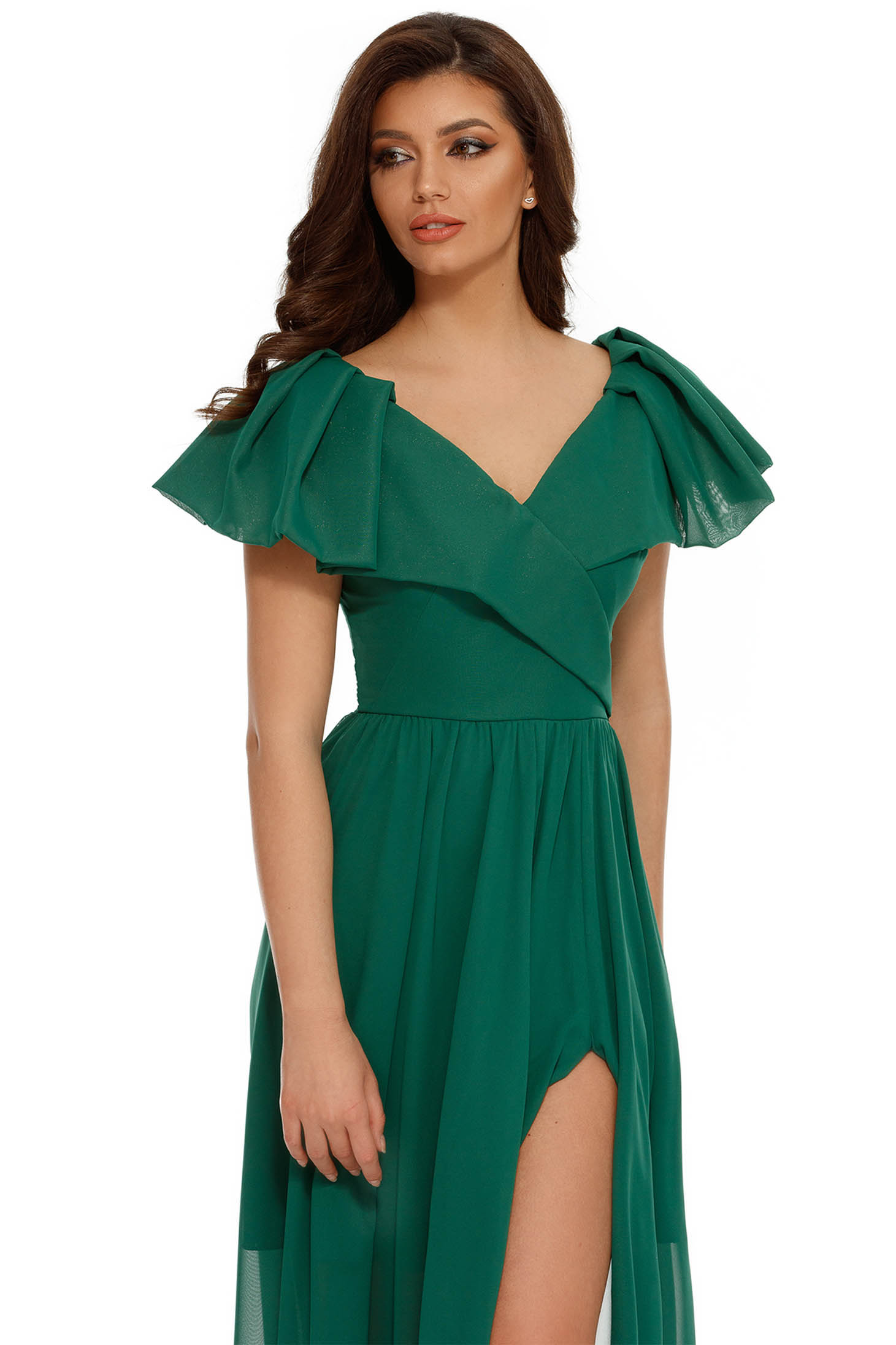 Green occasional dress voile fabric with inside lining with ruffle details