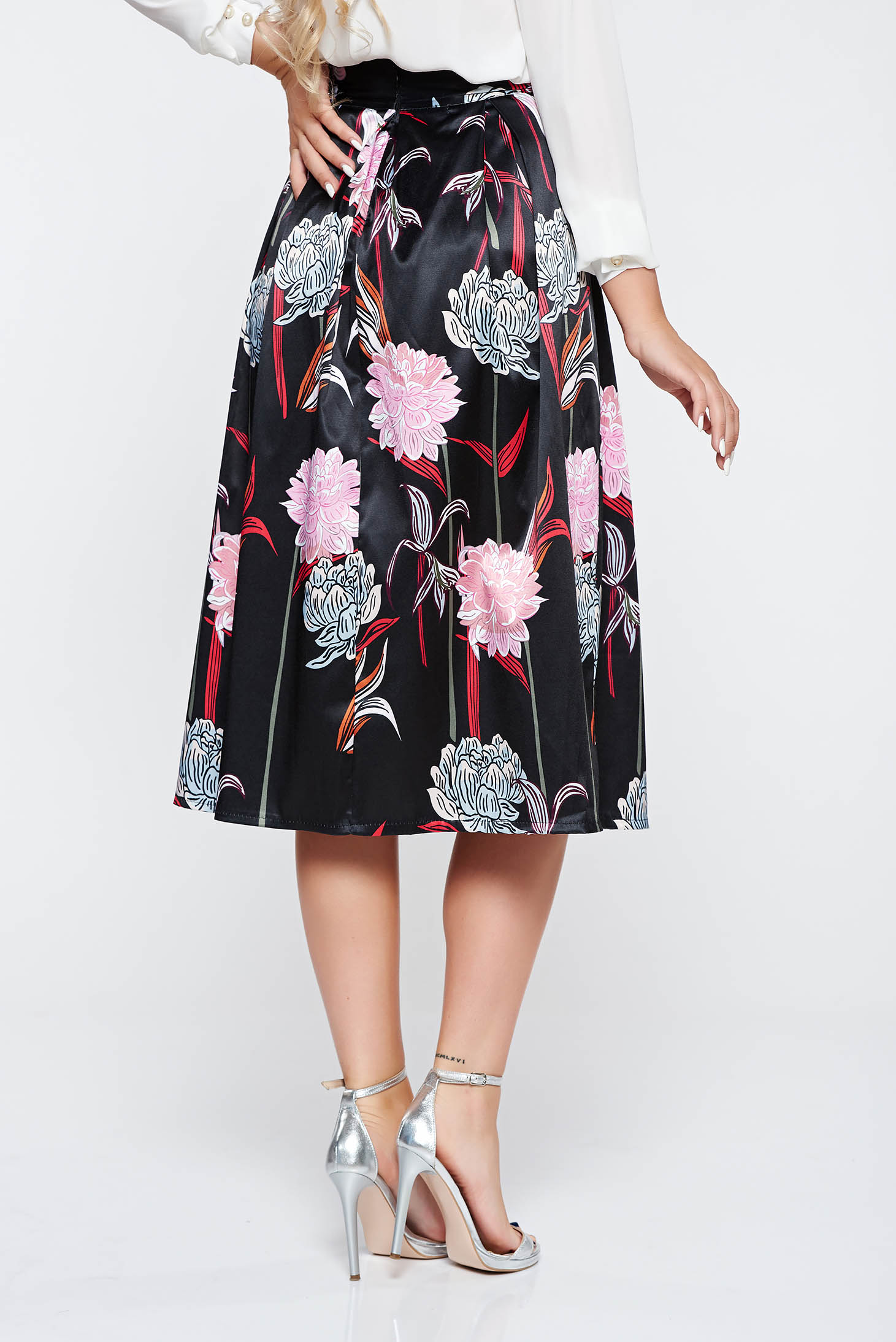 Sunshine Black Elegant Cloche Skirt High Waisted From Satin Fabric Texture 6054