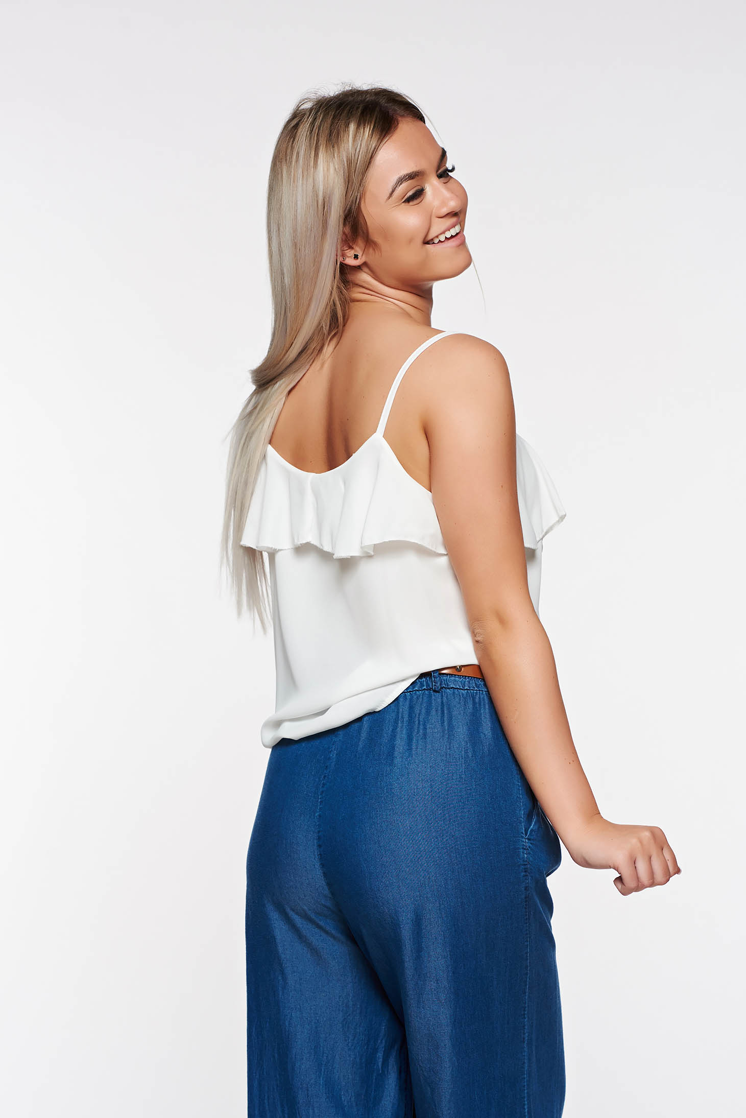 SunShine white elegant top shirt with easy cut transparent chiffon fabric with ruffles on the chest 2 - StarShinerS.com
