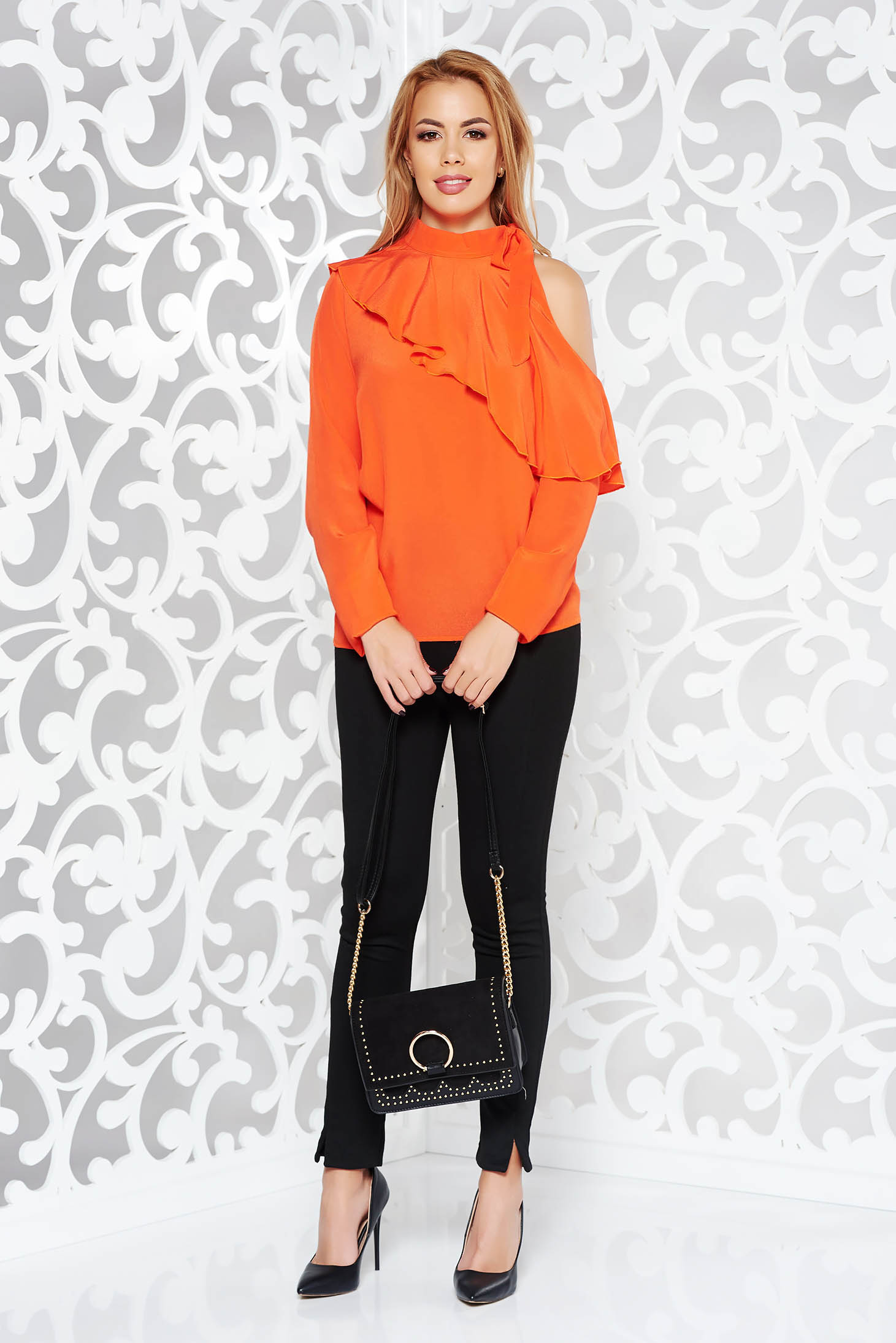 PrettyGirl coral elegant women`s blouse airy fabric both shoulders cut out with ruffle details 3 - StarShinerS.com