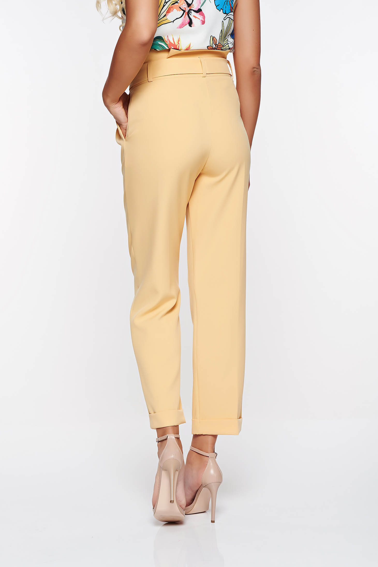 PrettyGirl yellow high waisted office trousers slightly elastic fabric with pockets 2 - StarShinerS.com
