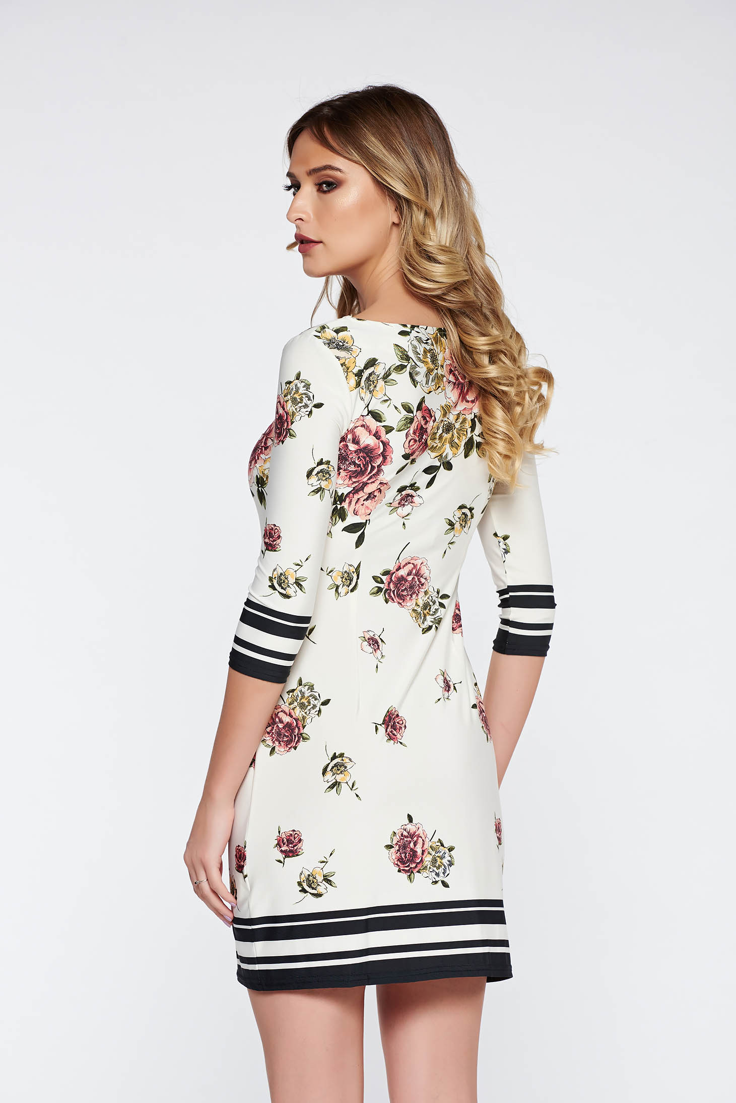 White daily dress from elastic fabric thin fabric with floral prints
