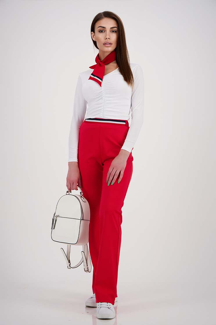 Pantaloni din material elastic rosii evazati cu elastic in talie si buzunare laterale - StarShinerS 3 - StarShinerS.ro