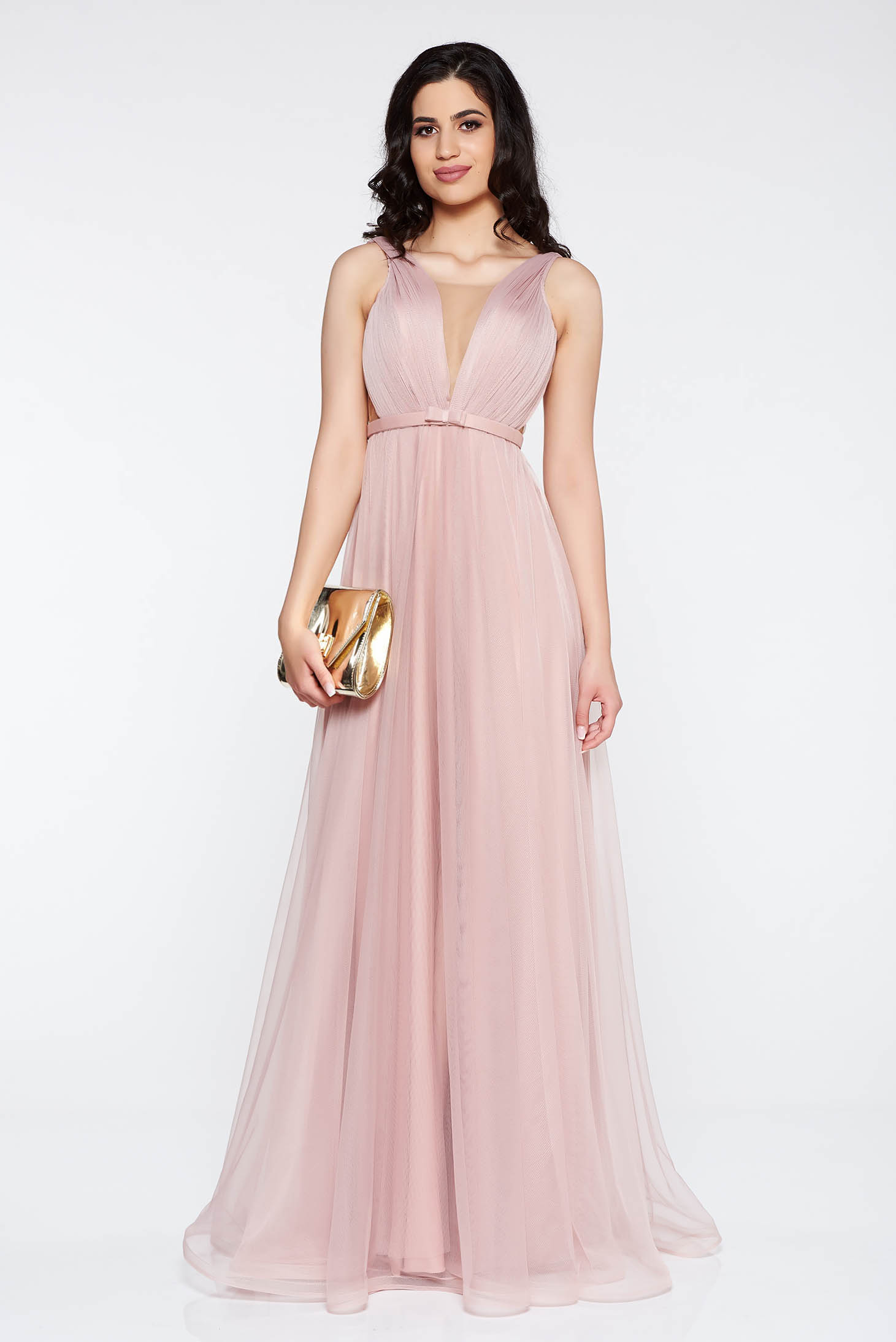 Rózsaszínű Ana Radu luxus ruha tüllből övvel ellátva mély dekoltázzsal és béléssel 3 - StarShinerS.hu